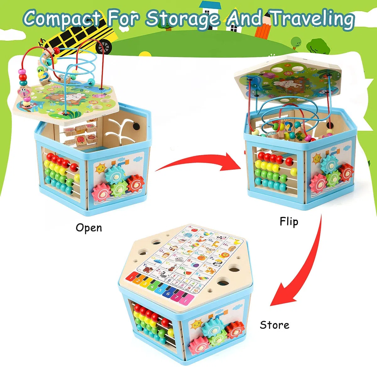 Jacootoys Cube d'Activité en Bois 7-en-1 Centre éducatif Labyrinthe de Perles Jouet de Triage pour Enfants
