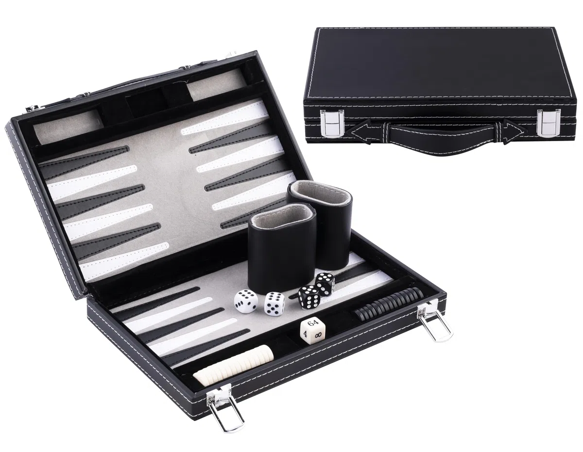 Engelhart - 250512 - Backgammon de Voyage - 11 Pouces - 28 cm - Jeu de Voyage - Simili Cuir & Feutre Surpiqués - Gris - Jeu de Societe de Poche - Stratégie