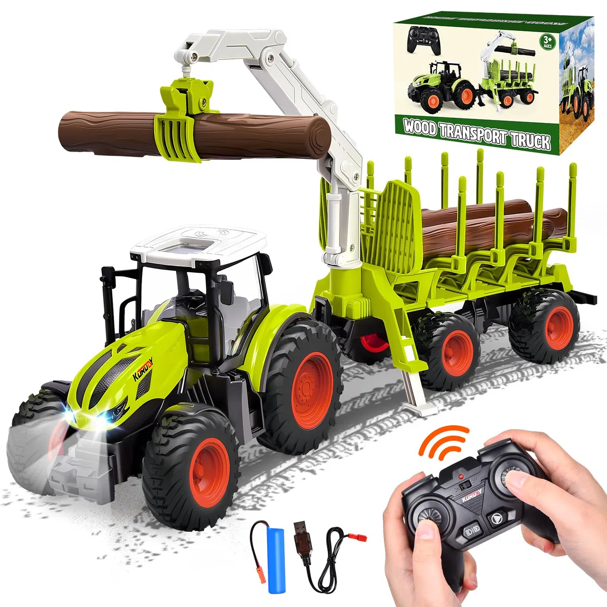 Aragallant RC Tracteur Télécommandé Enfant avec Remorque Forestière et Grappin, Jouet Ferme 2-6 Ans