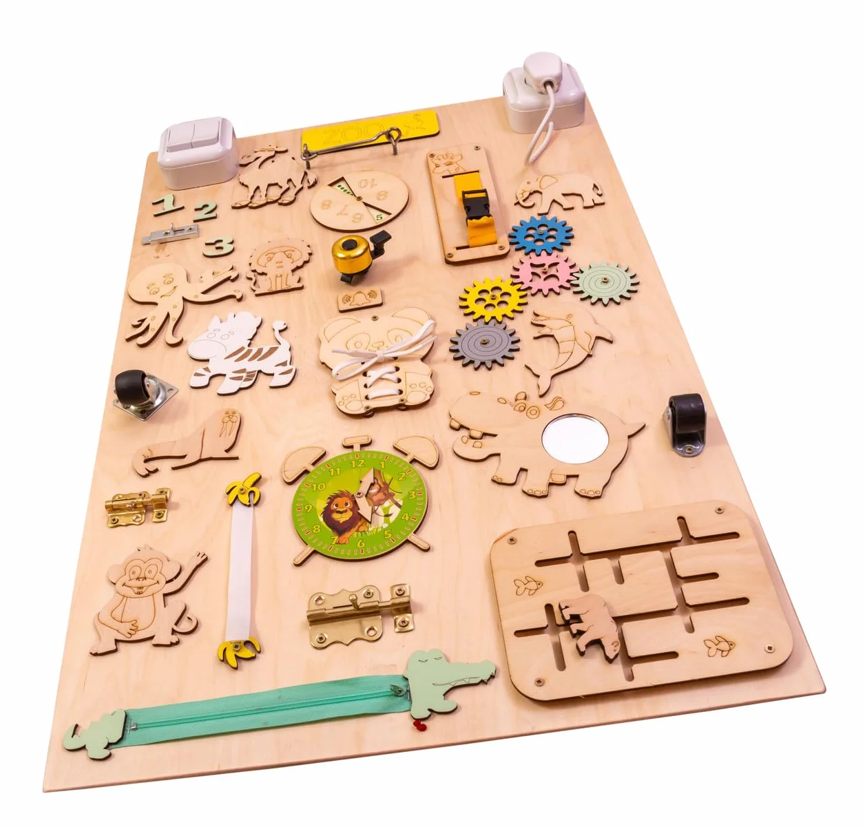 Leo Tableau d'activité sensoriel Montessori Busy Board en Bois autoportant Double Face Naturel Zoo 75 cm