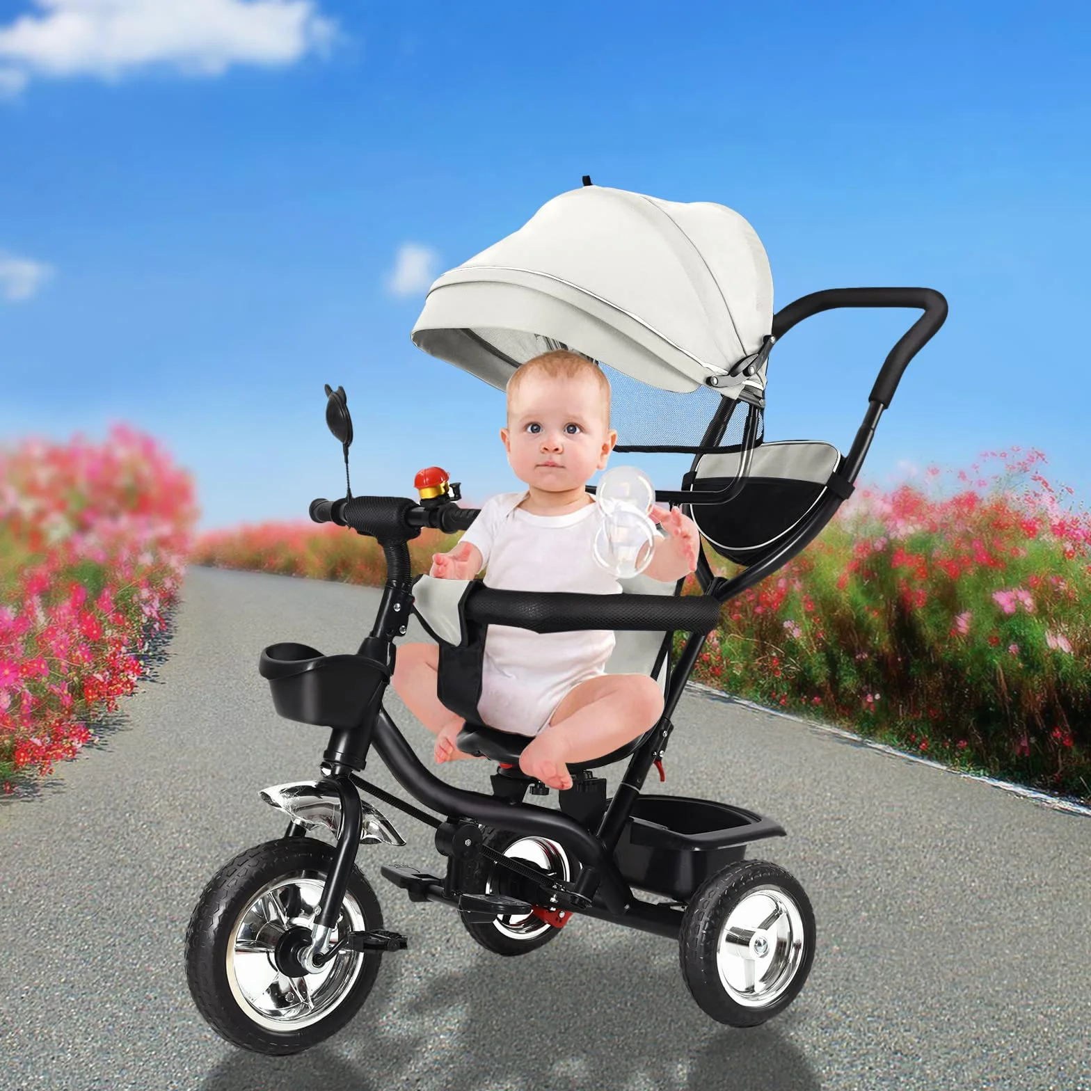 Tricycle Bébé Évolutif, Draisienne Évolutif pour Enfants avec Barre à Pousser, Velo Poussette Bebe, Velo Enfant avec Pare-Soleil (Gris)