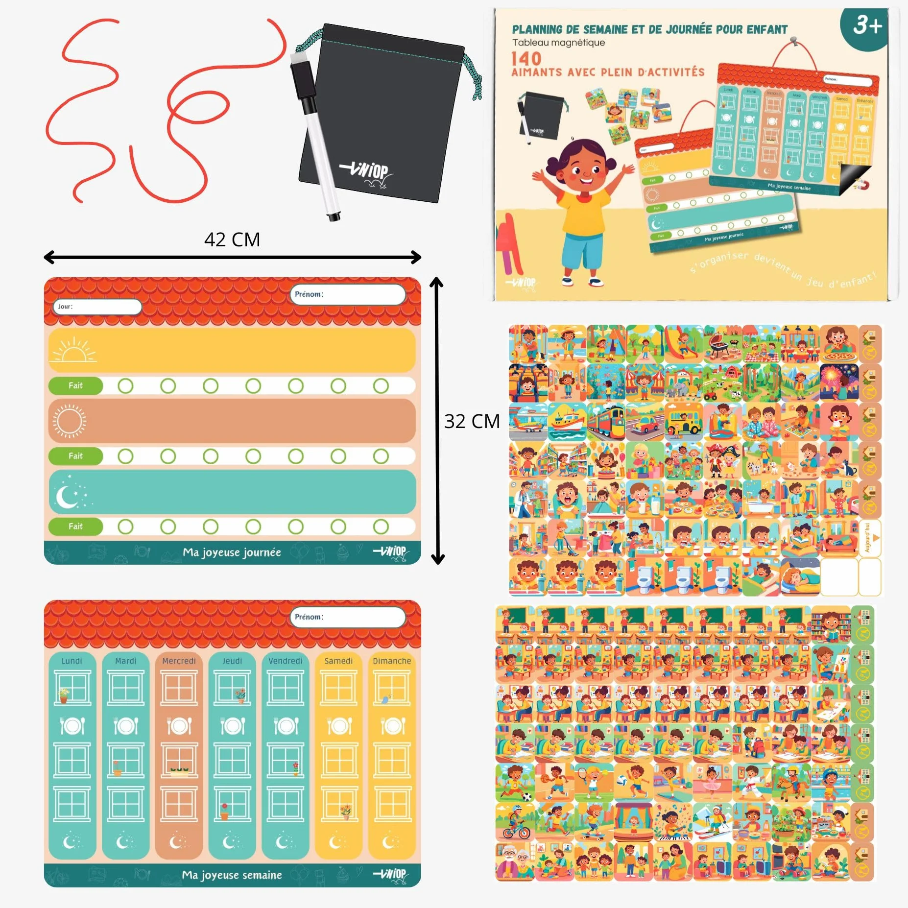 Duo Planning Semaine et Journée pour Enfants, Tableaux Magnétique Montessori avec 140 Aimants d'activités complet, Idéal pour instaurer Routine et Autonomie, compatible TDAH, Autisme dès 3 ans