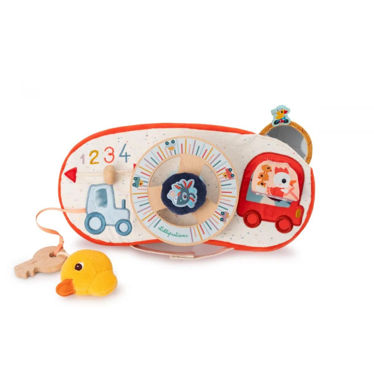 LILLIPUTIENS - Panneau d’activités Bébé - Idéal en Voiture - Jouet interactif avec Volant, clé et rétroviseur - Busy Board - Stimule la motricité et l’Imagination Enfant - Dès 12 Mois - 83526