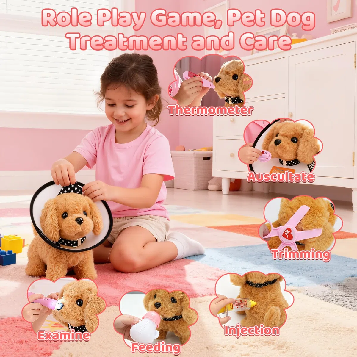 UBeesize Ensemble de 31 pièces - Mallette de médecin pour enfants avec chien électrique jouet qui marche et aboie, chien interactif avec véritable stéthoscope, thermomètre pour jouet de vétérinaire