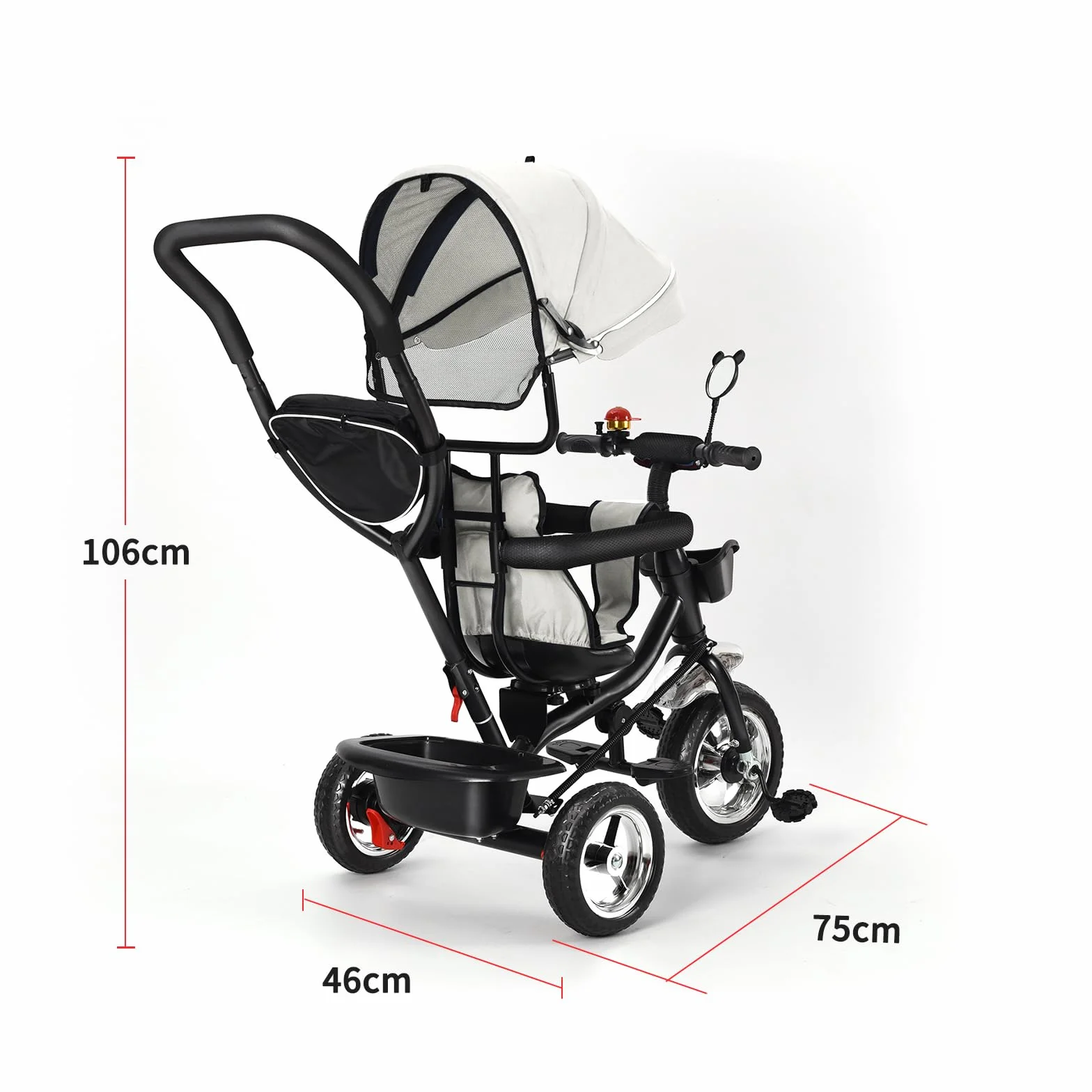 Tricycle Bébé Évolutif, Draisienne Évolutif pour Enfants avec Barre à Pousser, Velo Poussette Bebe, Velo Enfant avec Pare-Soleil (Gris)