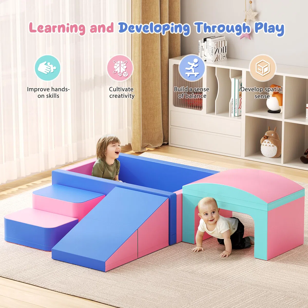 Lot de 6 Blocs de Construction en Mousse pour Enfants avec Piscine à balles et Tunnel, Blocs de Construction Souples comme Cadre d'escalade d'intérieur pour Les Tout-Petits, Rose et Bleu