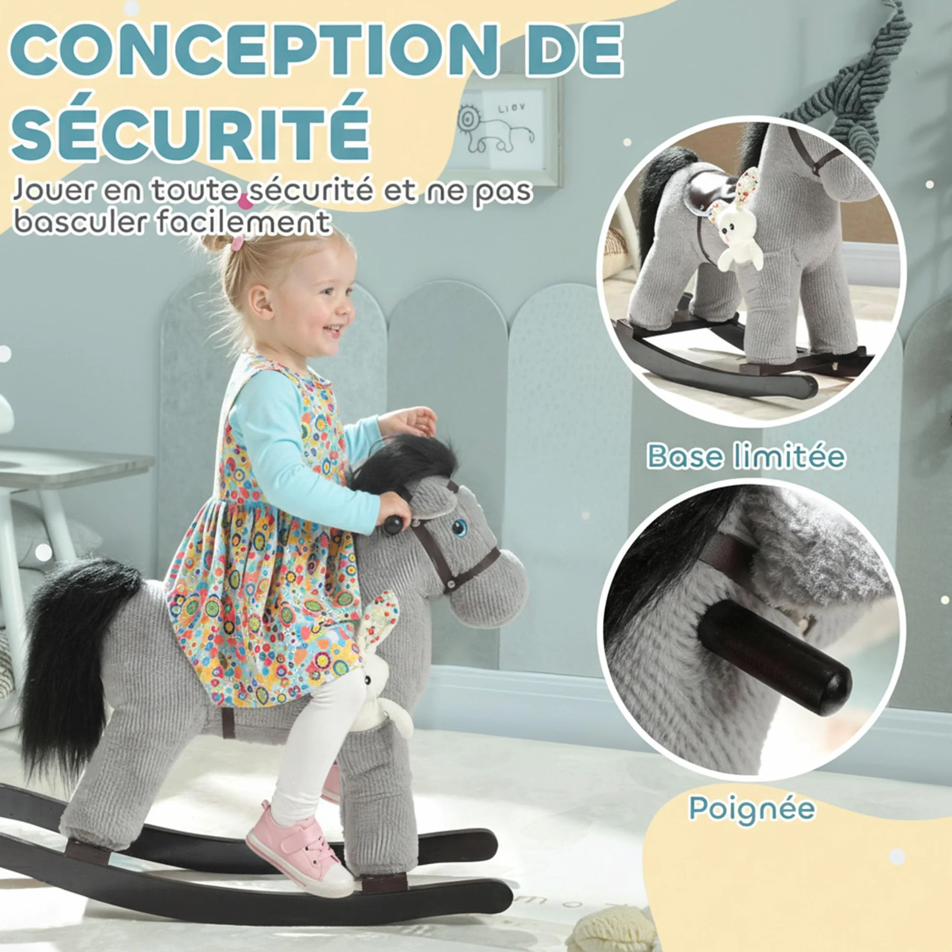 AIYAPLAY Cheval à Bascule pour Enfants avec Effet Sonore, Jouet en Peluche, Gris