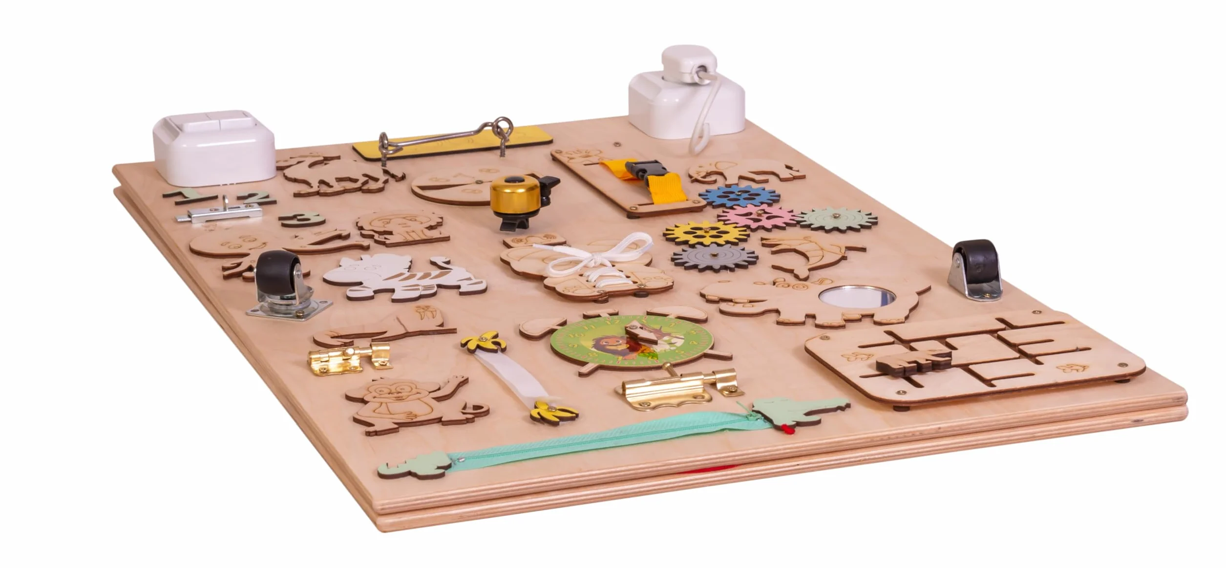 Leo Tableau d'activité sensoriel Montessori Busy Board en Bois autoportant Double Face Naturel Zoo 75 cm