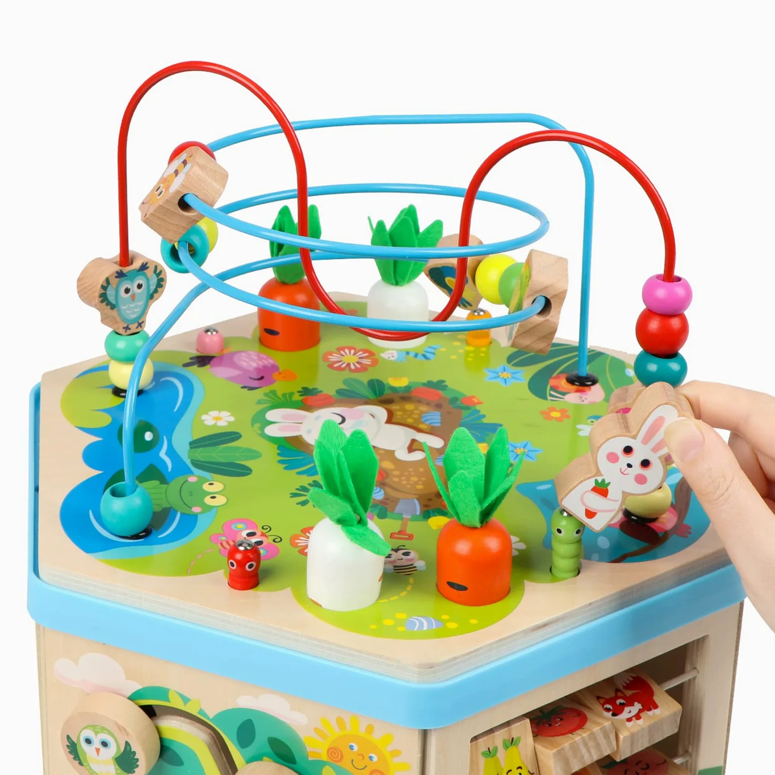 Jacootoys Cube d'Activité en Bois 7-en-1 Centre éducatif Labyrinthe de Perles Jouet de Triage pour Enfants