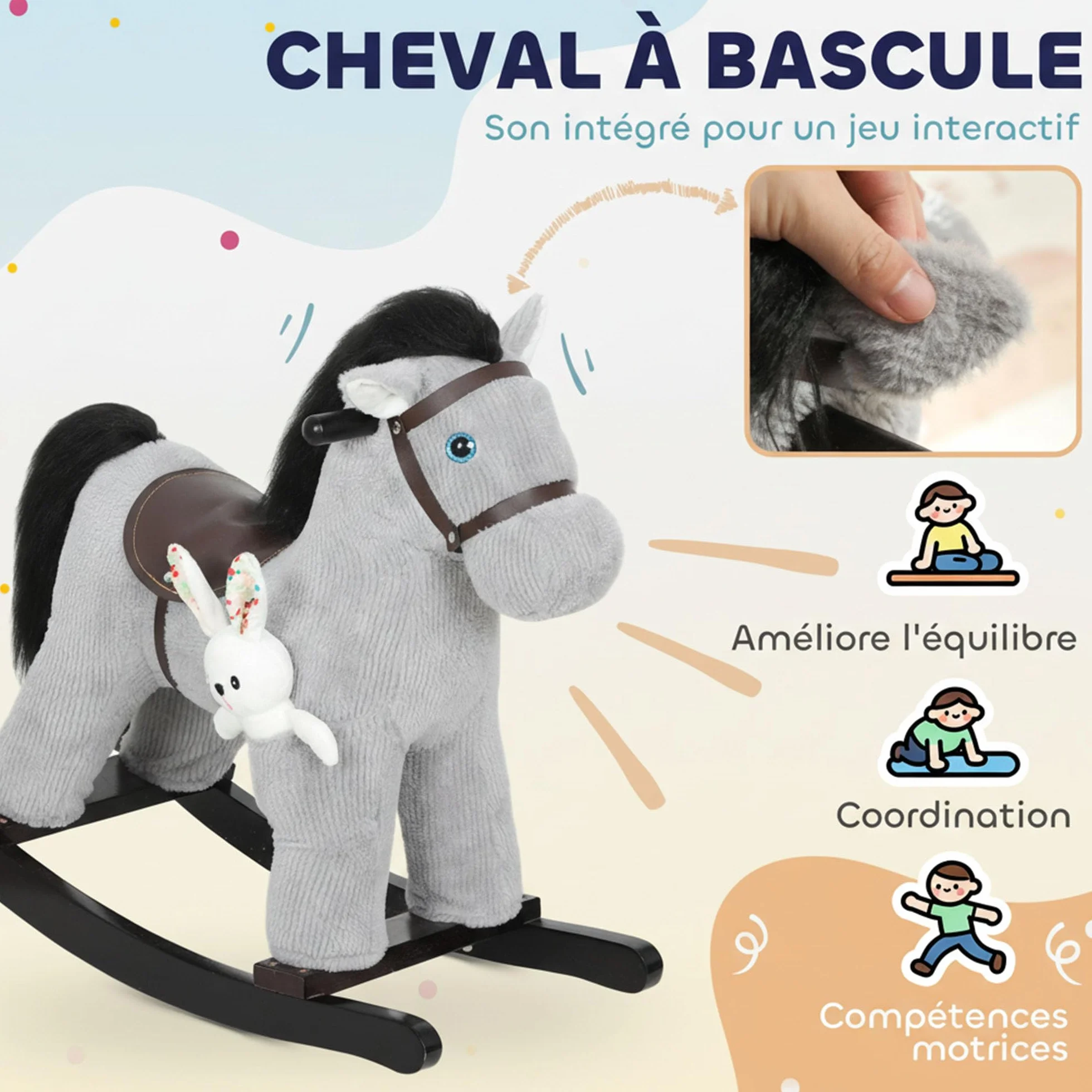 AIYAPLAY Cheval à Bascule pour Enfants avec Effet Sonore, Jouet en Peluche, Gris