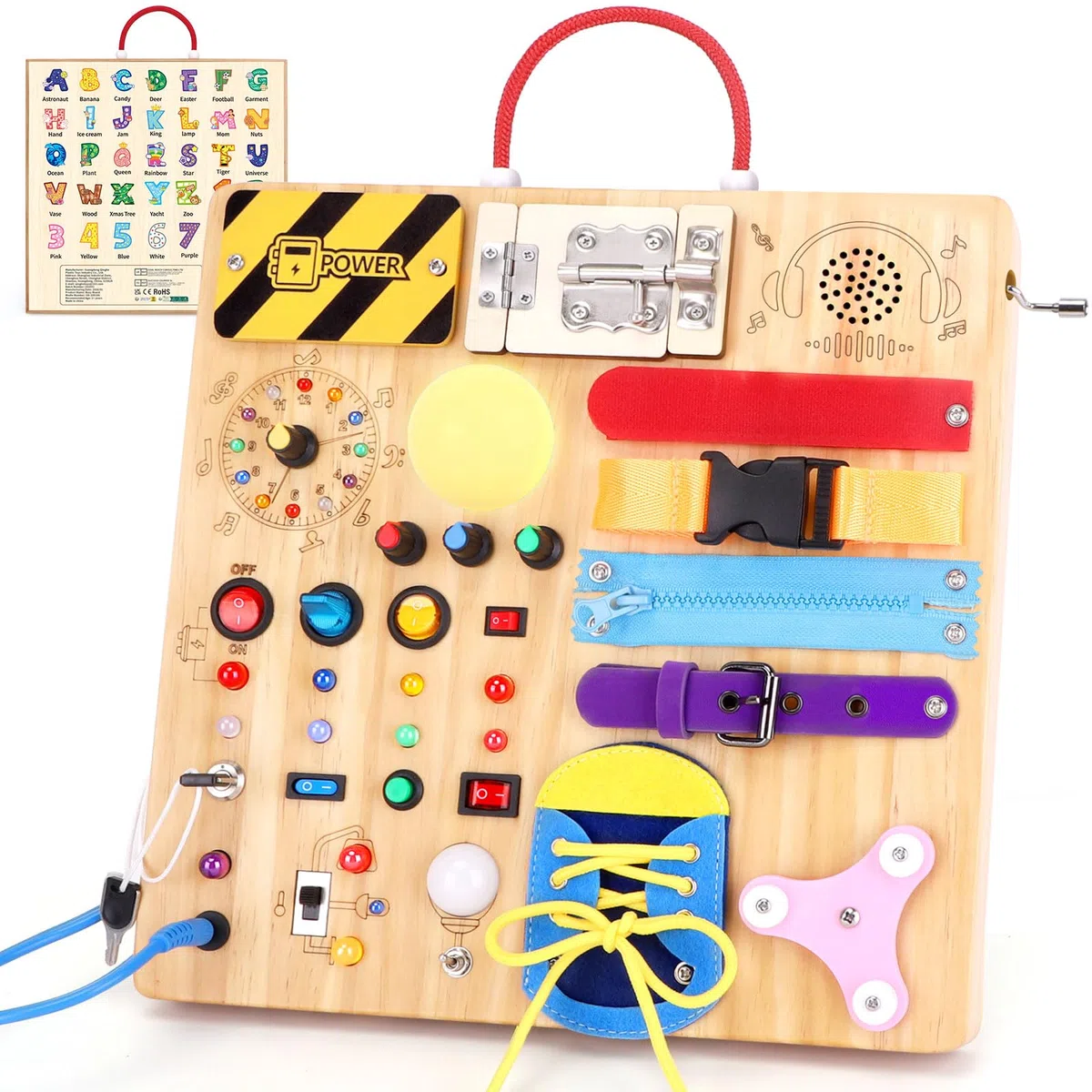 Montessori Busy Board 23 en 1 pour les tout-petits à partir de 1 an, jouet en bois, avec 15 interrupteurs, 26 lumières LED, boîte à musique, fermeture éclair et serrure, jouet sensoriel pour enfants