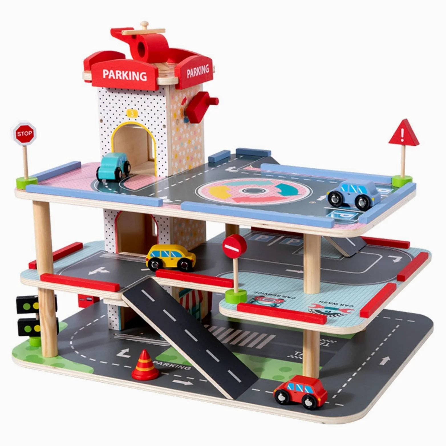 predolo Parking Jouet en Bois avec Ascenseur, Garage en Bois à 3 Niveaux, Parking Jouet Interactif, Multiples Accessoires Inclus, pour Enfants dès 3 Ans, M-Parking Centre