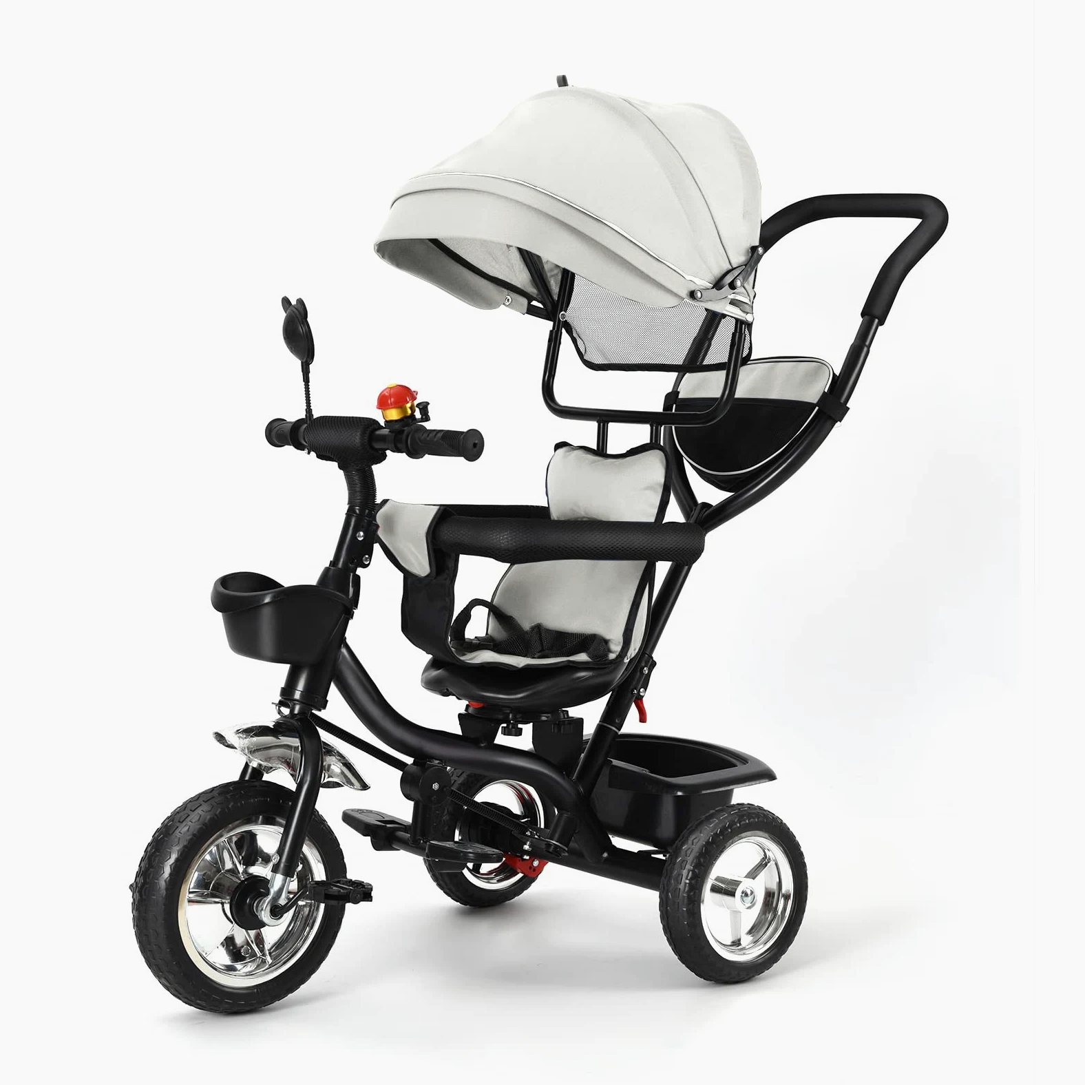 Tricycle Bébé Évolutif, Draisienne Évolutif pour Enfants avec Barre à Pousser, Velo Poussette Bebe, Velo Enfant avec Pare-Soleil (Gris)