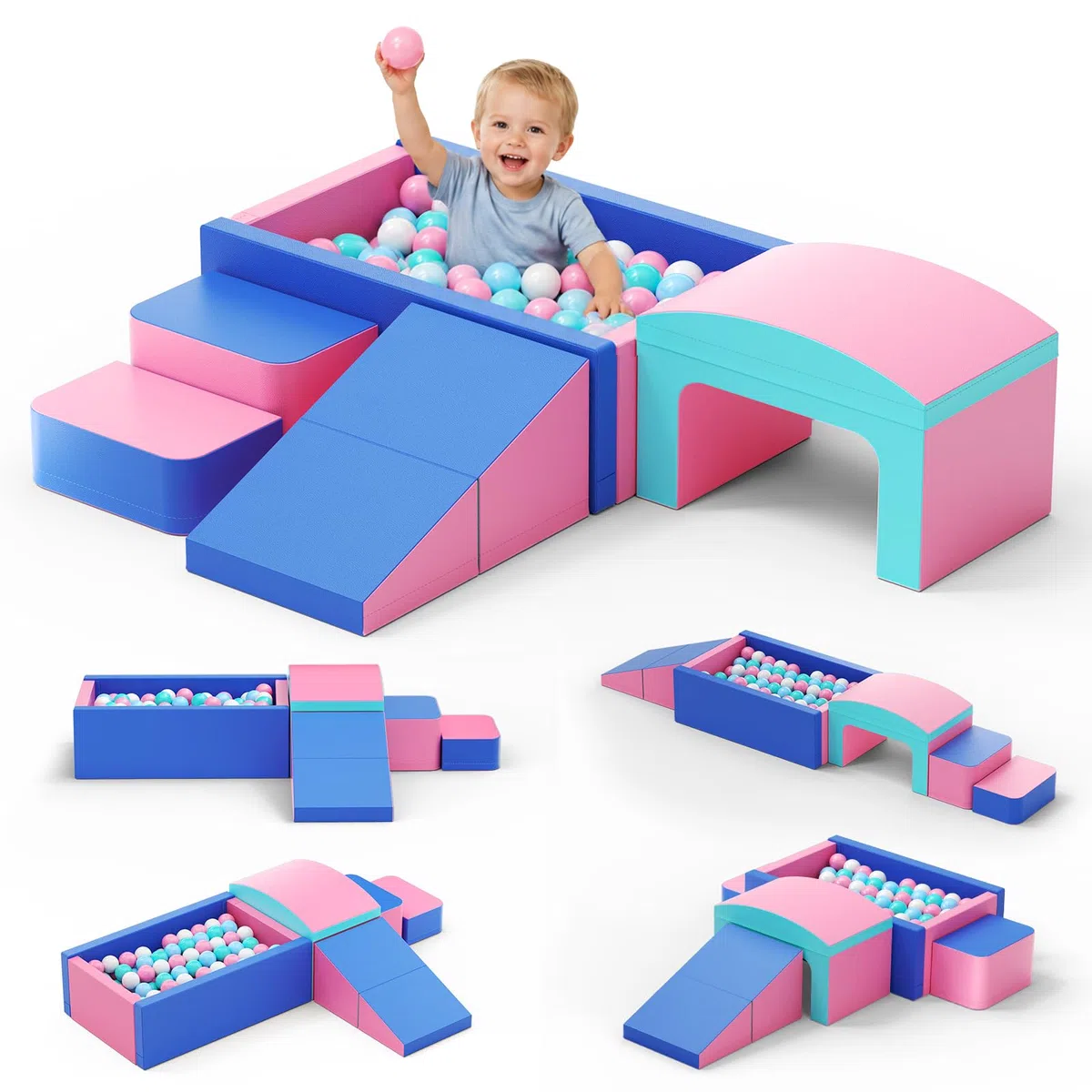 Lot de 6 Blocs de Construction en Mousse pour Enfants avec Piscine à balles et Tunnel, Blocs de Construction Souples comme Cadre d'escalade d'intérieur pour Les Tout-Petits, Rose et Bleu