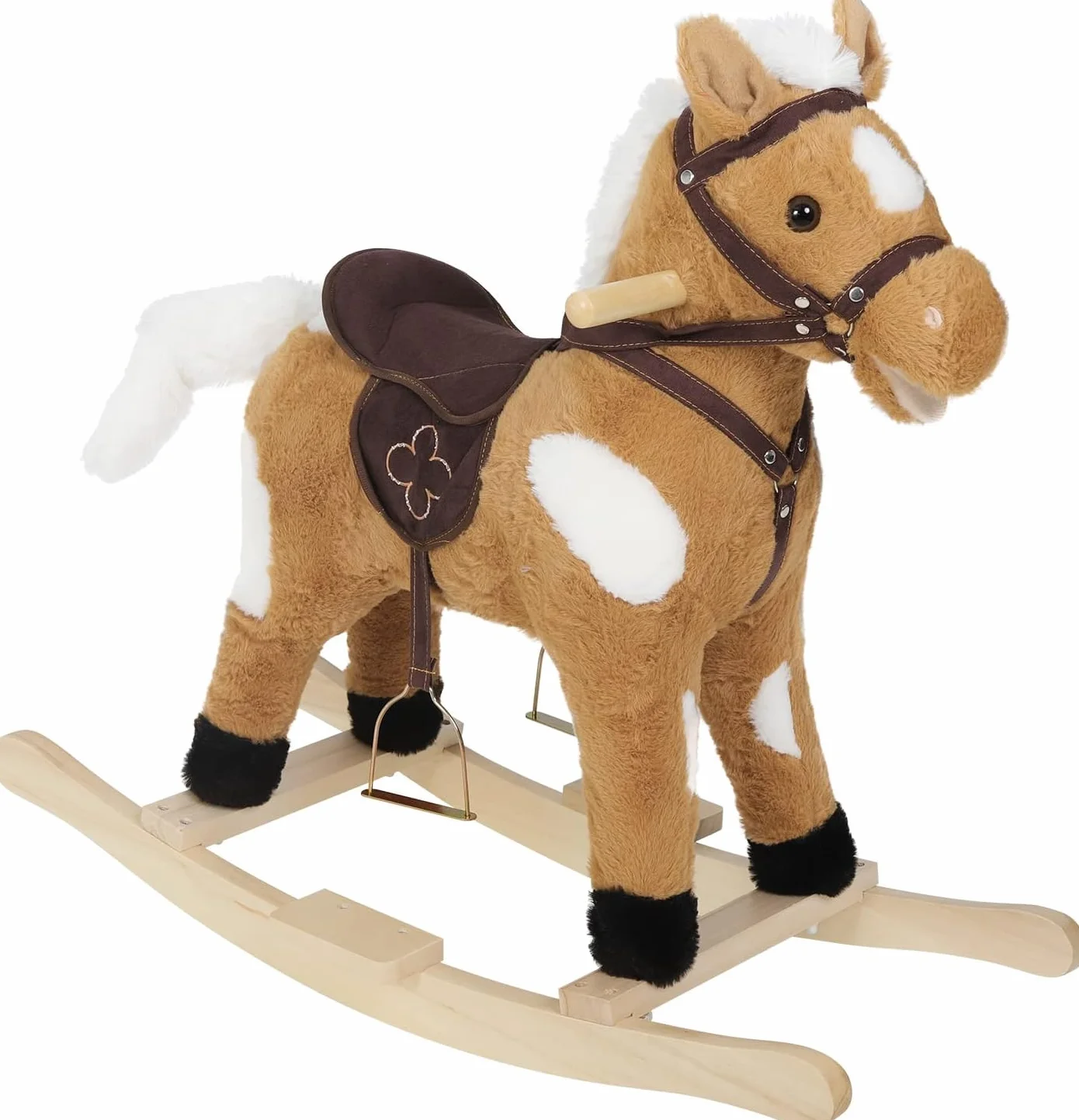 WOLTU Cheval à Bascule en Bois et Peluche pour Enfant, Jouet Balançoire avec Effet Sonore, 1-3 Ans, Blanc et Rose
