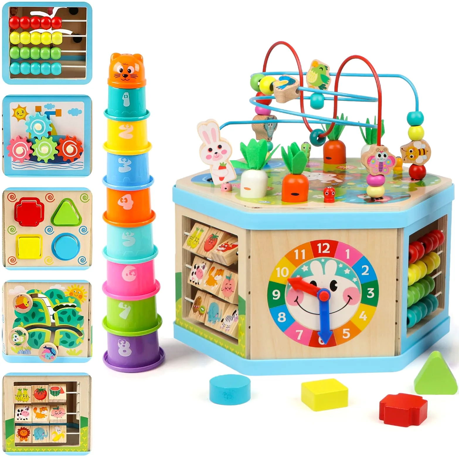 Jacootoys Cube d'Activité en Bois 7-en-1 Centre éducatif Labyrinthe de Perles Jouet de Triage pour Enfants