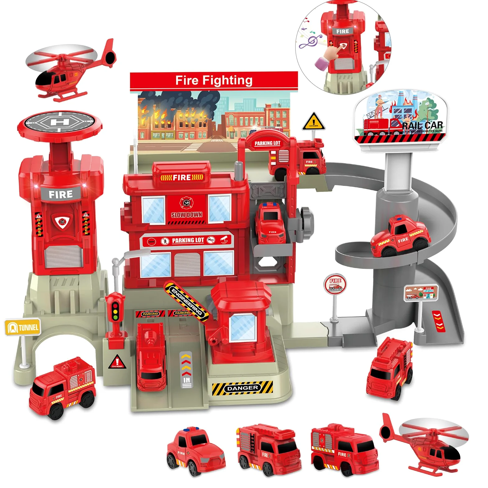 deAO Camion de Pompiers Jouet 2 Étages Dès 3 Ans – Caserne Garage avec Lumières et Sons, 3 Voitures et Hélicoptère, Jeu de Sauvetage et Cadeau Enfants