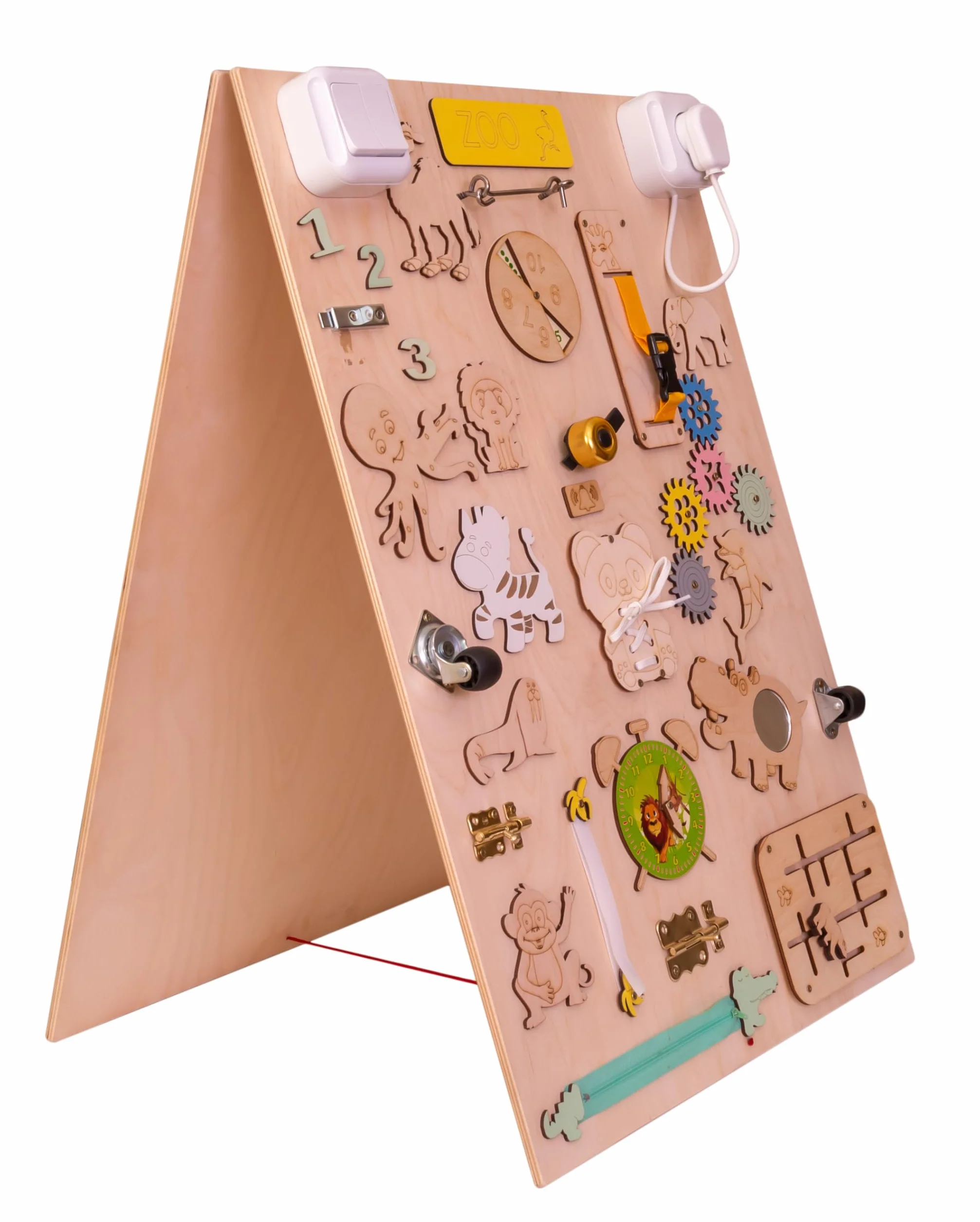 Leo Tableau d'activité sensoriel Montessori Busy Board en Bois autoportant Double Face Naturel Zoo 75 cm