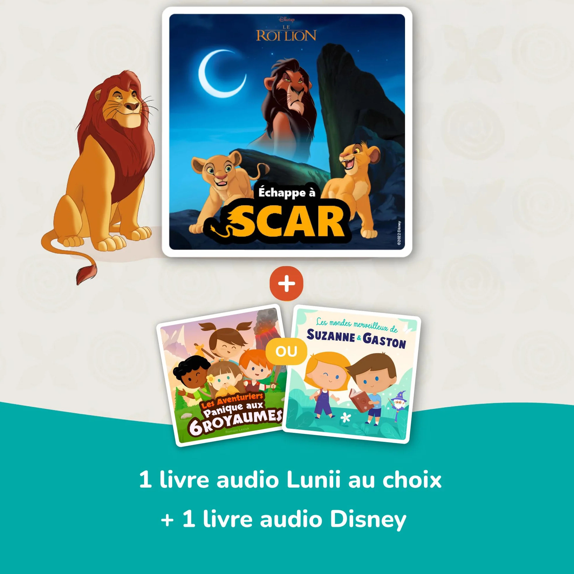 Lunii Pack Ma Fabrique à Histoires Special Disney Boite à Histoires + Livre Audio Défi Vilain Échappe à Scar + 1 Livre Audio au Choix Conteuse Interactive Enfant 3-8 Ans