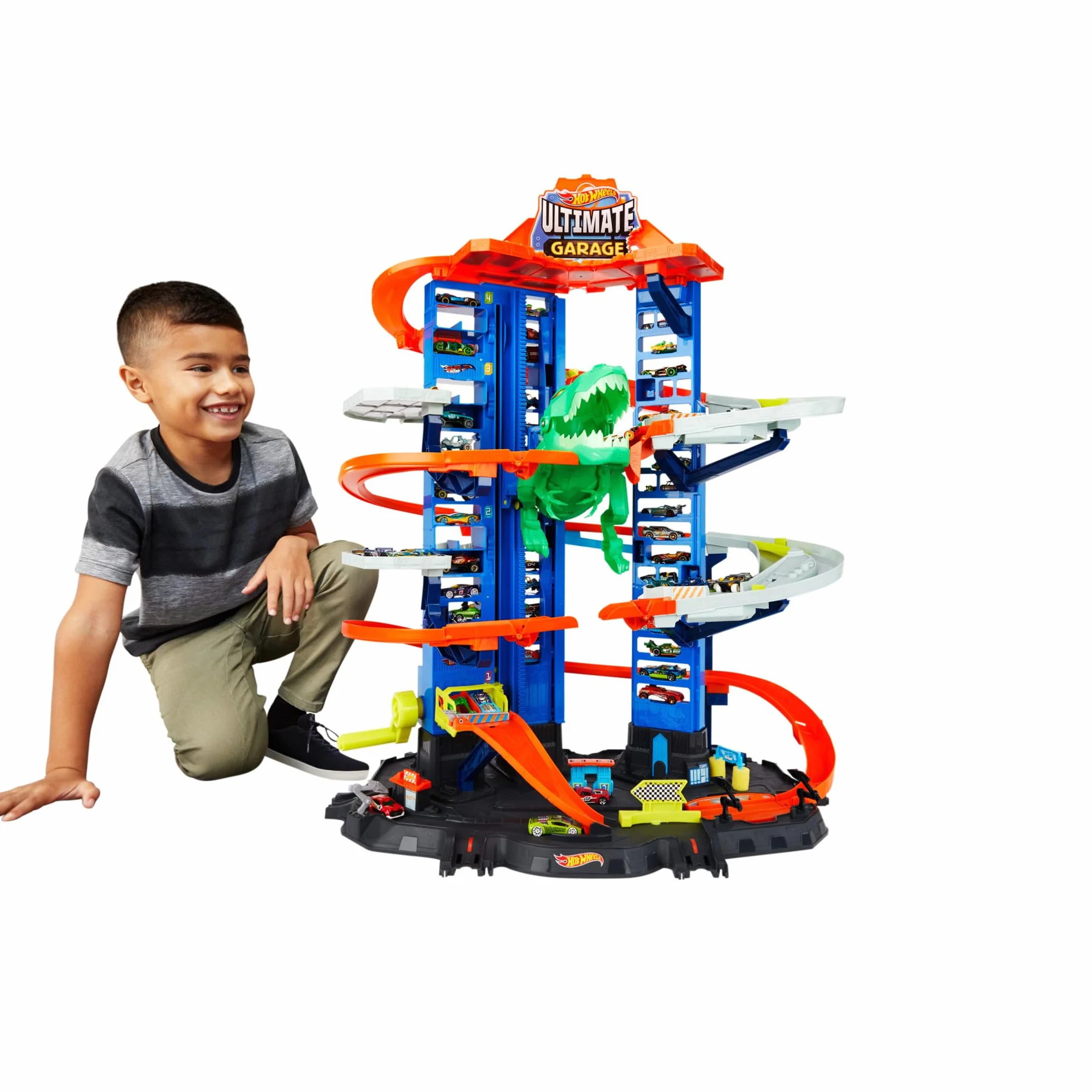 Hot Wheels Ultimate Garage City Vs Robo Beasts Piste De Course Plusieurs Niveaux Dinosaure T-Rex Mobile 91 Cm 2 Voitures Jouet Enfant 5 Ans GJL14