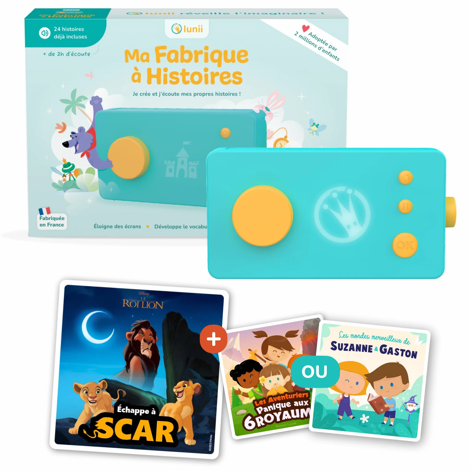 Lunii Pack Ma Fabrique à Histoires Special Disney Boite à Histoires + Livre Audio Défi Vilain Échappe à Scar + 1 Livre Audio au Choix Conteuse Interactive Enfant 3-8 Ans