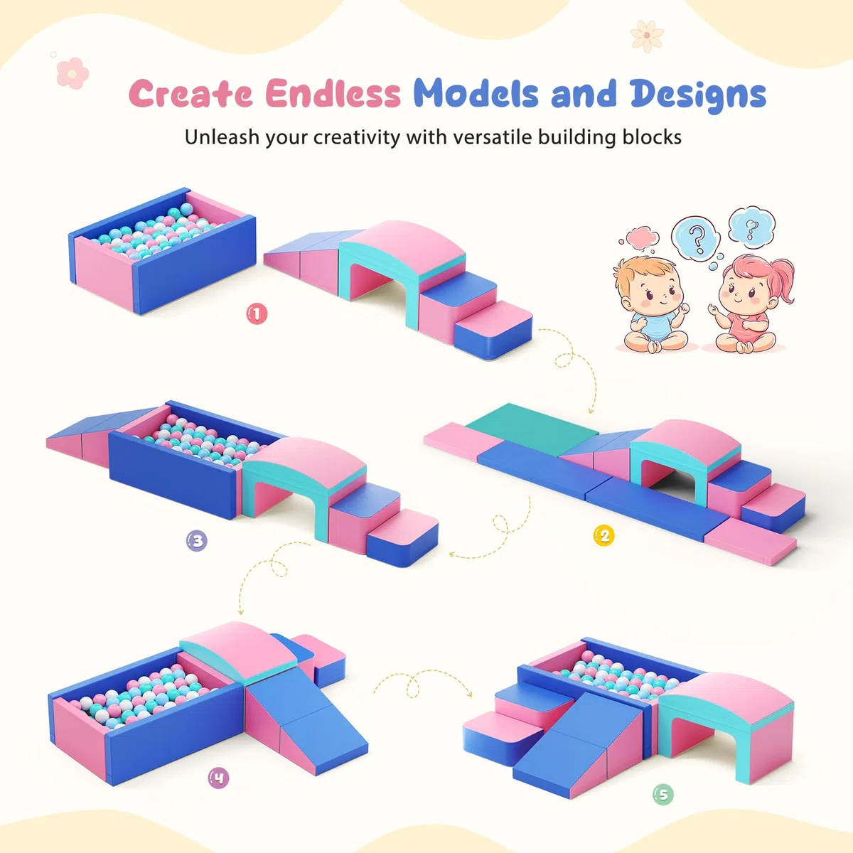 Lot de 6 Blocs de Construction en Mousse pour Enfants avec Piscine à balles et Tunnel, Blocs de Construction Souples comme Cadre d'escalade d'intérieur pour Les Tout-Petits, Rose et Bleu