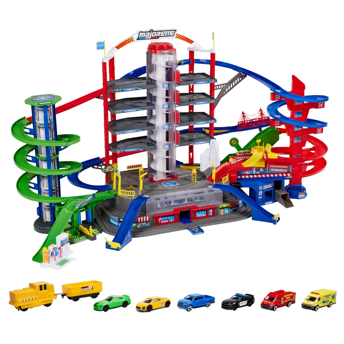 Majorette - Super City Garage - Train Motorisé - 7 Niveaux de Jeu avec 2 Ascenseurs Automatisés - Pompier + Police + Héliport - 35 Places de Parking - 6 Véhicules Inclus - 212059989