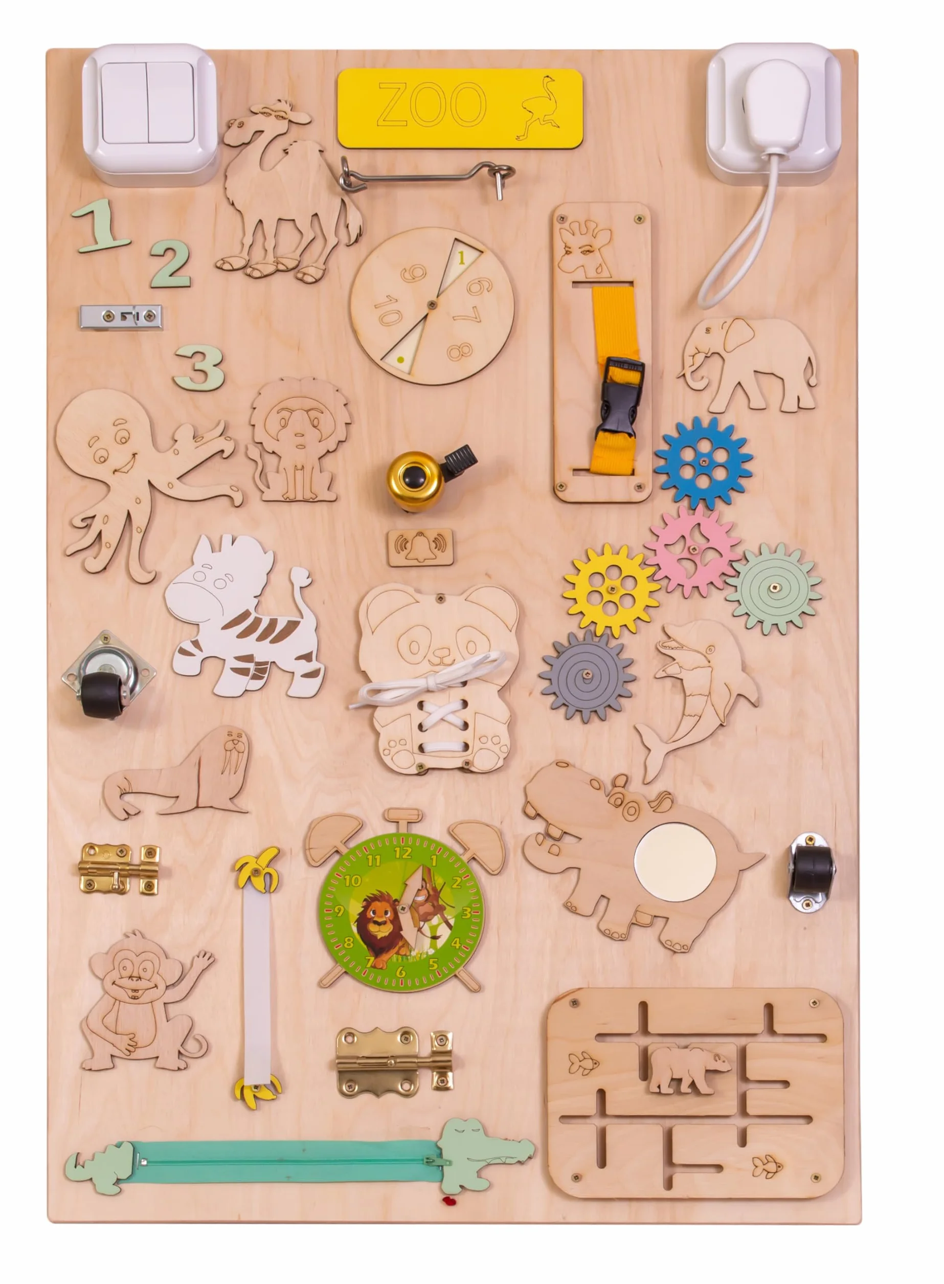 Leo Tableau d'activité sensoriel Montessori Busy Board en Bois autoportant Double Face Naturel Zoo 75 cm