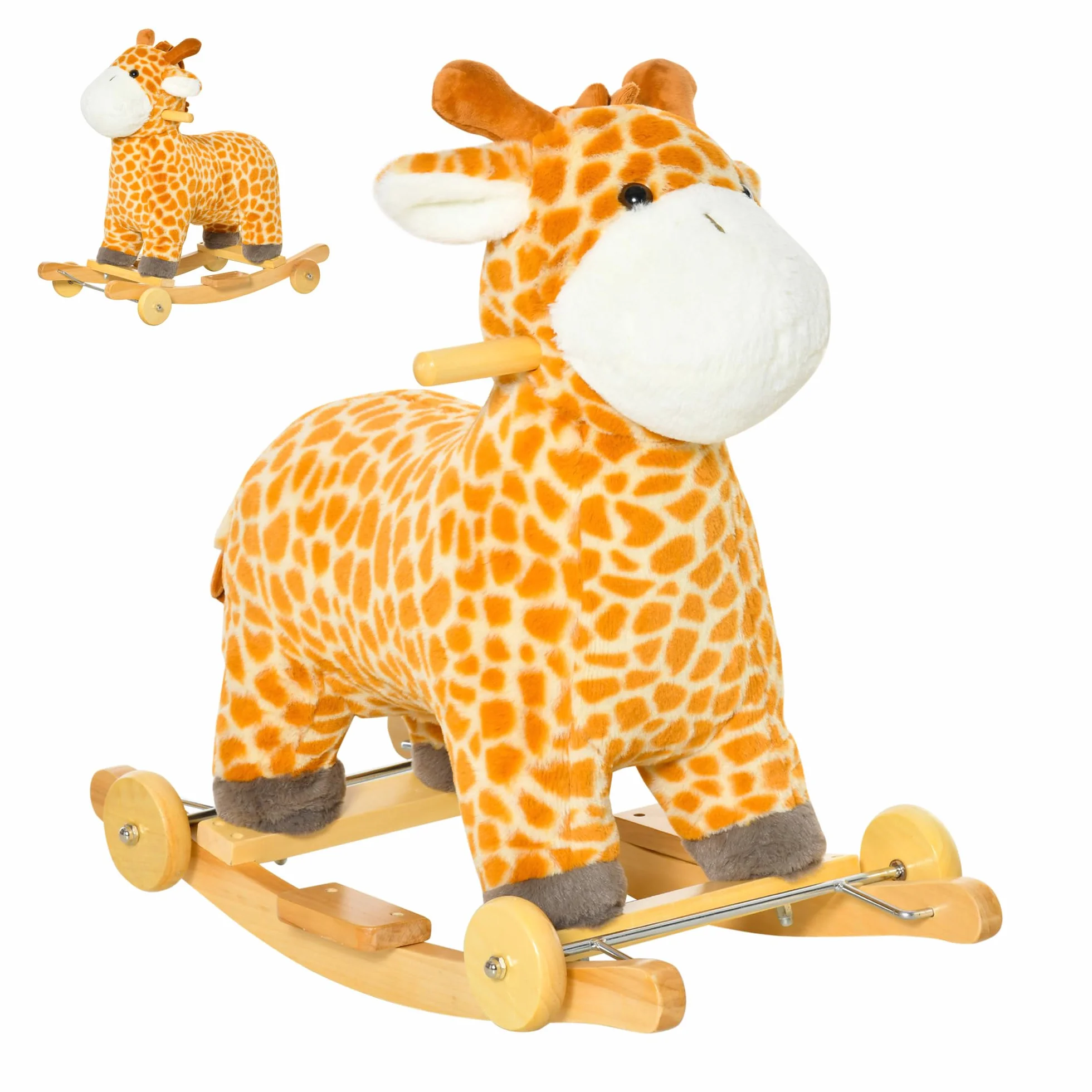 HOMCOM Jouet à Bascule Girafe Porteur Roulettes 2 en 1 Fonction Sonore Mugissement Bois Peuplier 36-72 Mois