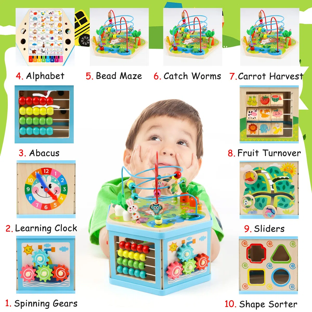 Jacootoys Cube d'Activité en Bois 7-en-1 Centre éducatif Labyrinthe de Perles Jouet de Triage pour Enfants