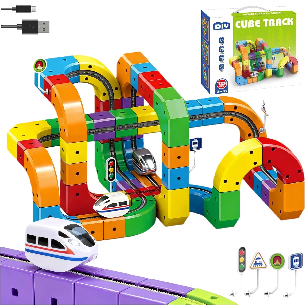 Train Electrique Enfant, Klickrail Electric Train Set Flexible Race Track for Kids, Jouet de Train à Rails de Construction, Système D'assemblage 3D (Kit de 123Pièces + 2Locomotive Rails)
