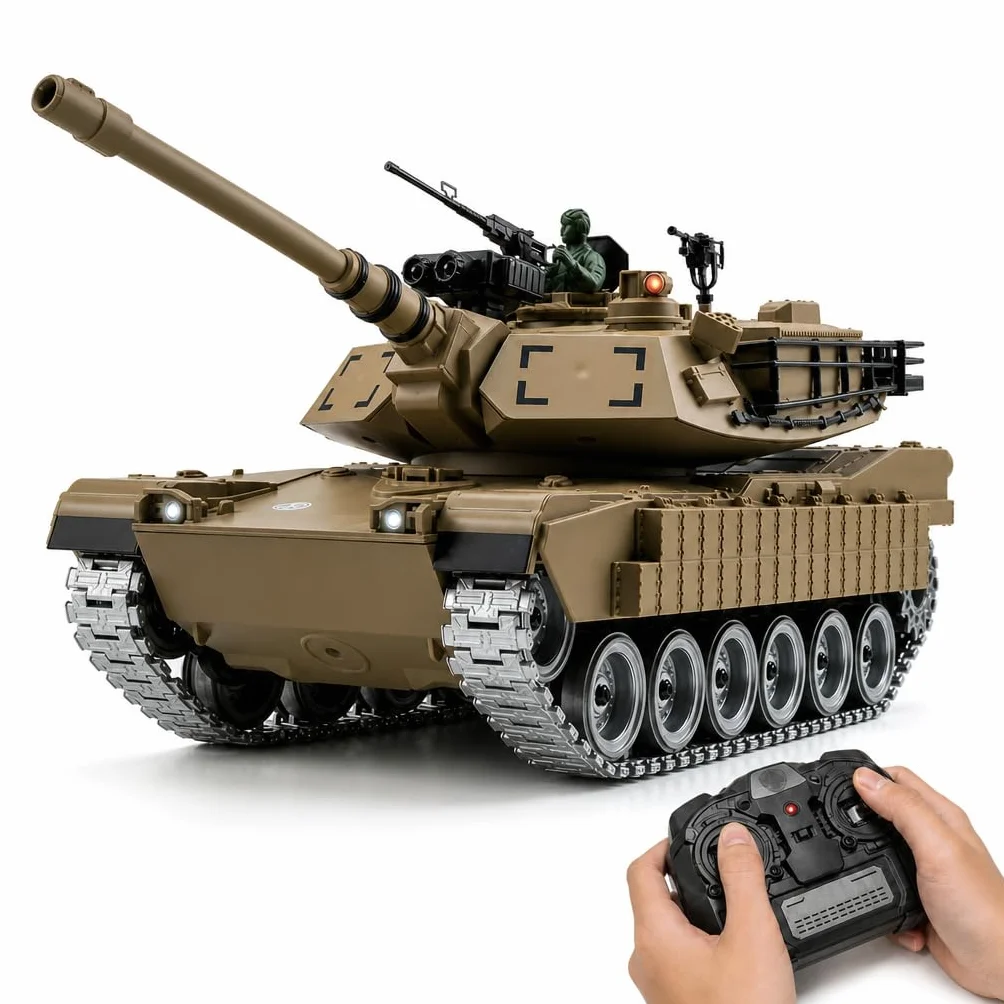 Char Télécommandé M1A2 1:18 Tout-Terrain 2.4GHz Tank RC Jouet Combat Fumée Son Lumière Tir d'eau