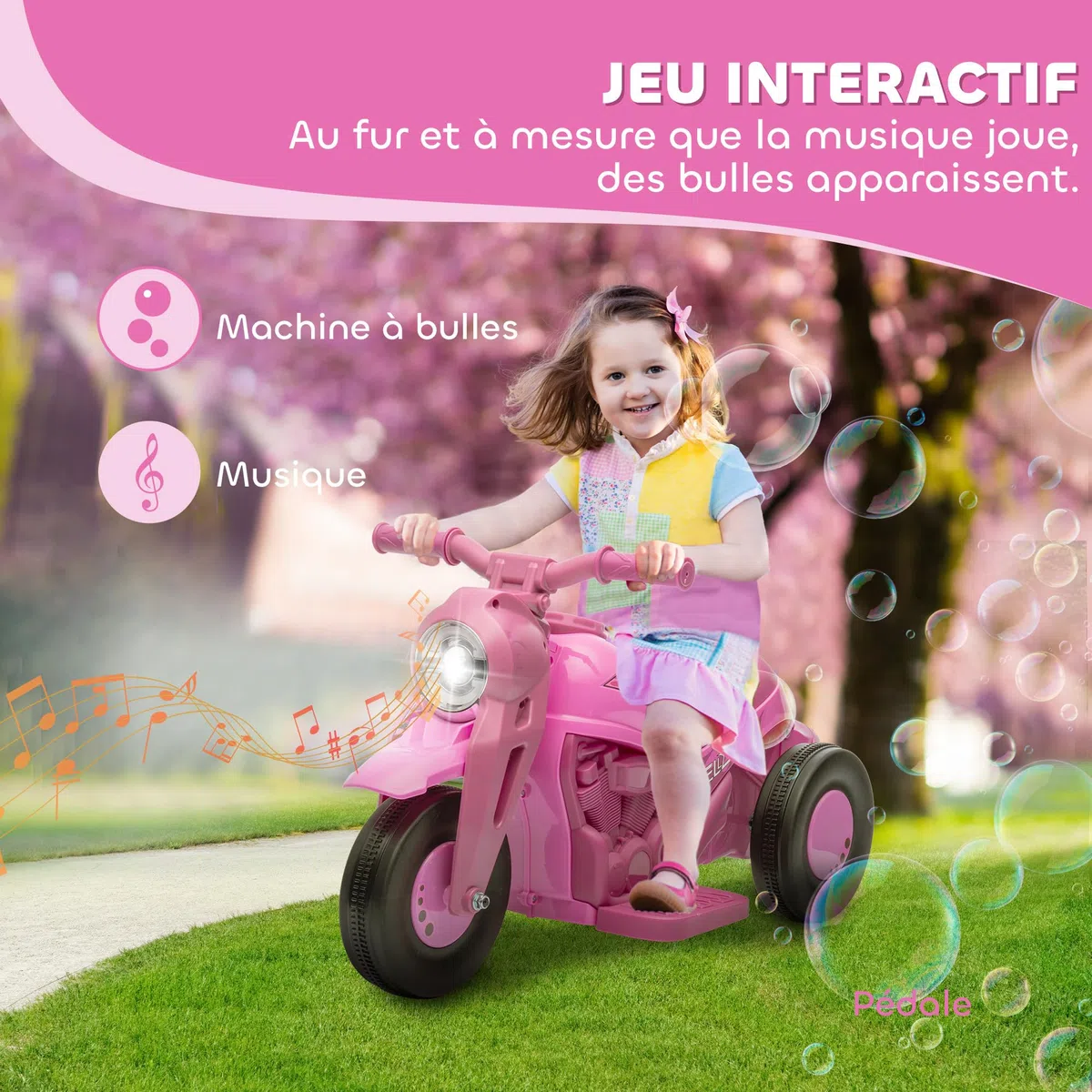 AIYAPLAY Moto électrique Enfants, 3 Roues, 6 V, 3 km/h, Voiture électrique Enfants avec Fonction de Bulles, Effets Lumineux et sonores, 2 à 5 Ans, Charge Max. 30 kg, Rose