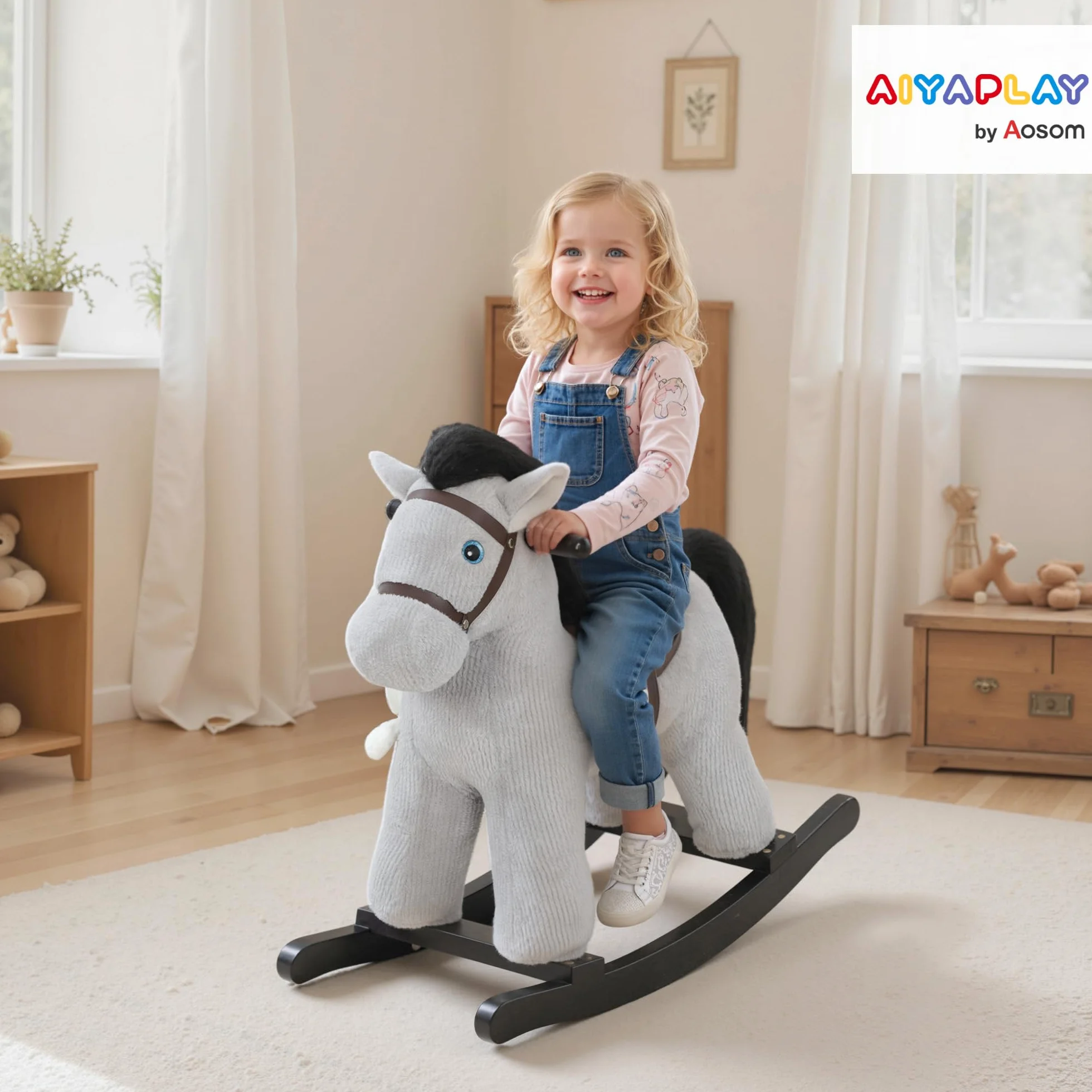 AIYAPLAY Cheval à Bascule pour Enfants avec Effet Sonore, Jouet en Peluche, Gris