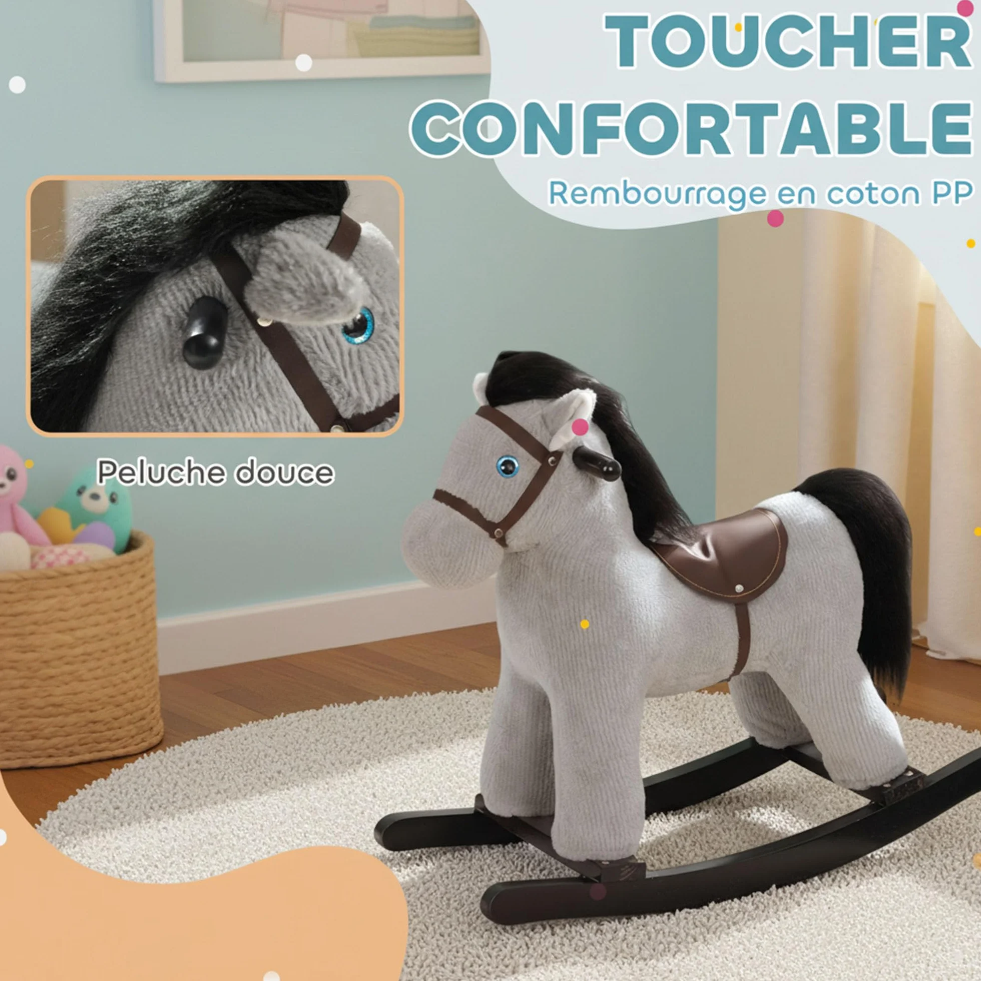 AIYAPLAY Cheval à Bascule pour Enfants avec Effet Sonore, Jouet en Peluche, Gris