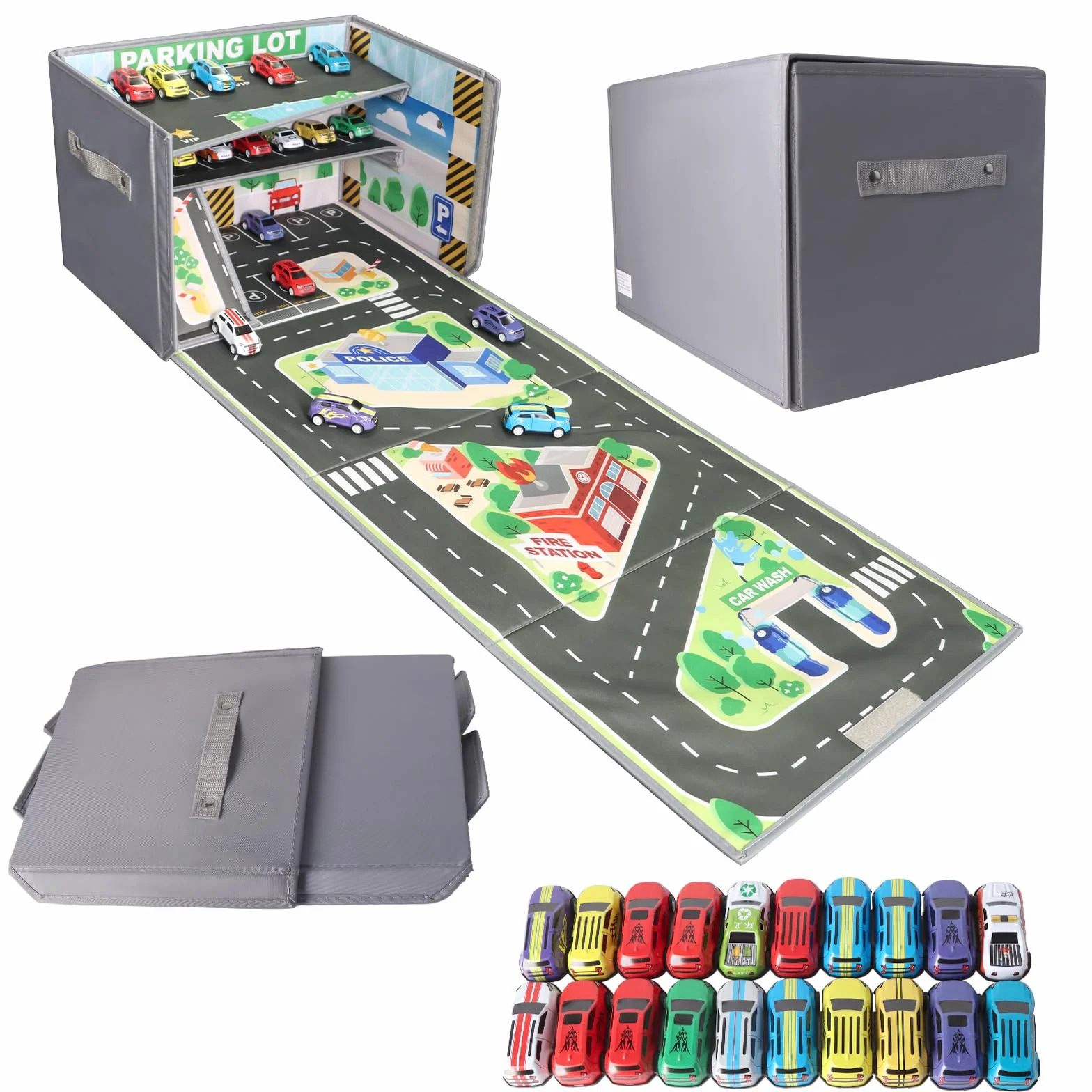 Boîte de Rangement de Voiture avec Tapis de Jeu Pliable, Organisateur de Jouets pour Enfants