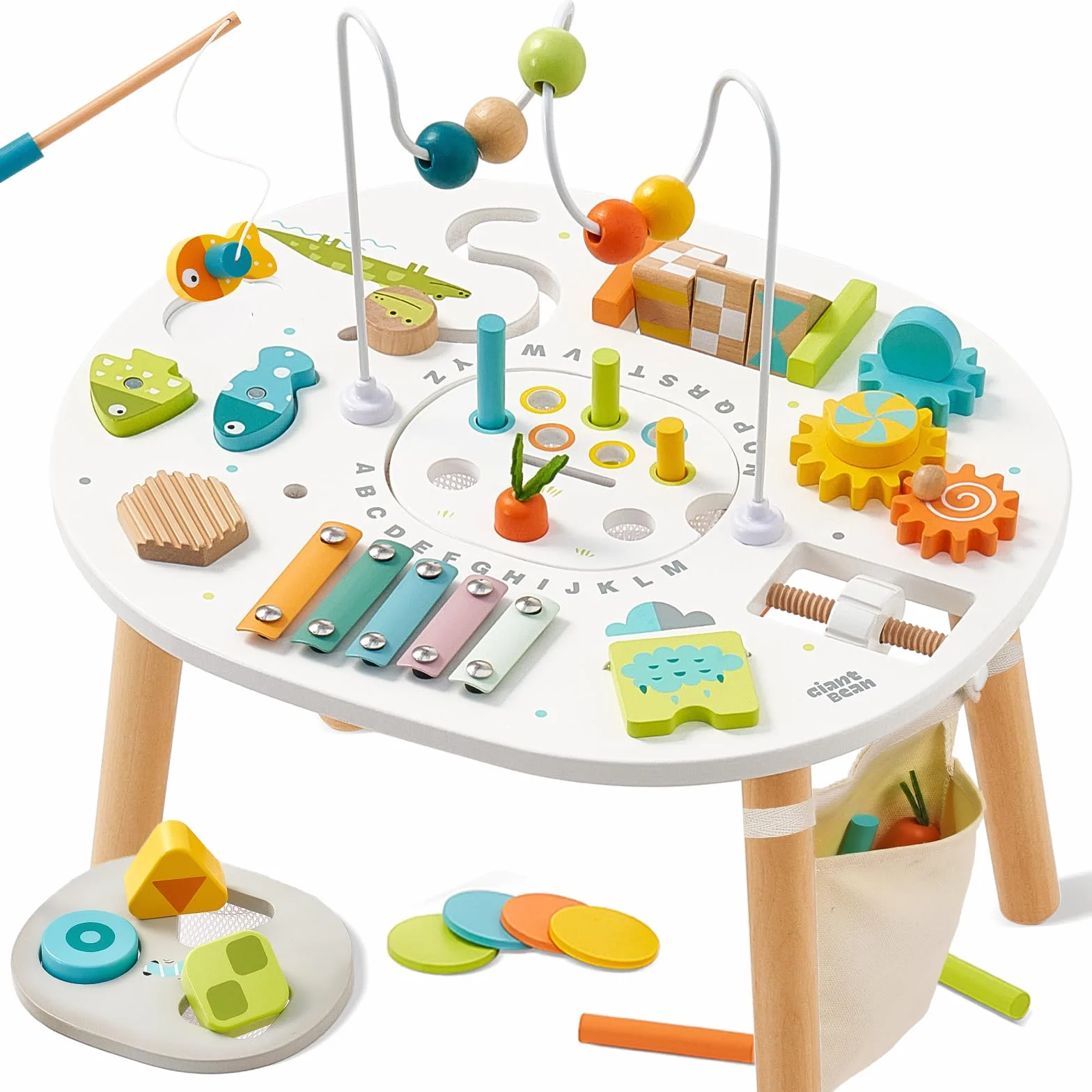 Giant bean Table d'activités Montessori en bois 11 en 1 pour enfants 1 an avec labyrinthe de perles, trieur de formes, jeu de pêche