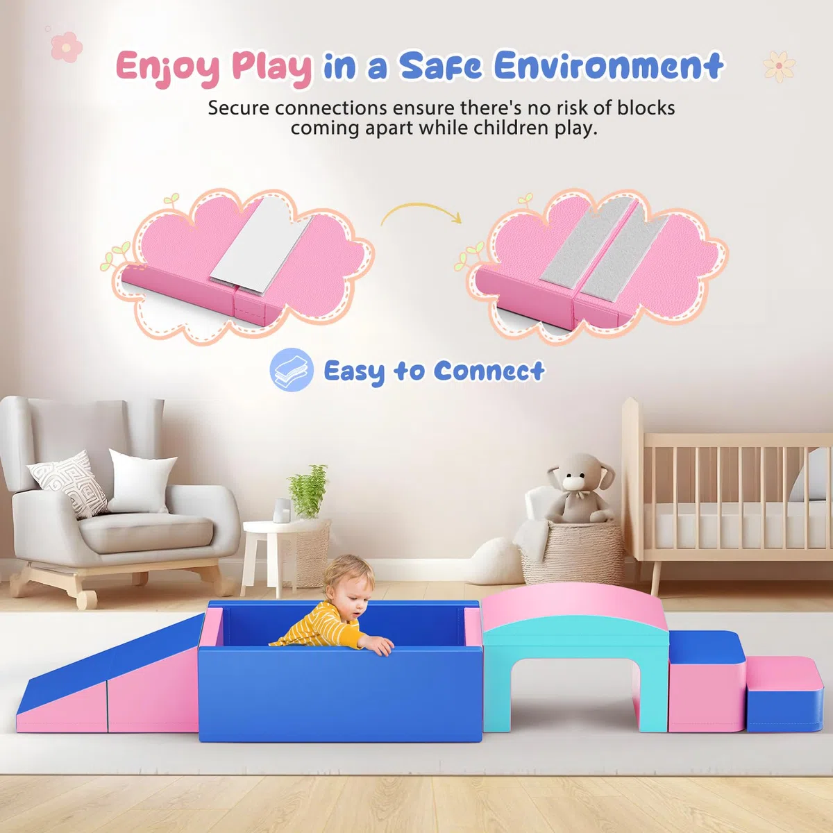 Lot de 6 Blocs de Construction en Mousse pour Enfants avec Piscine à balles et Tunnel, Blocs de Construction Souples comme Cadre d'escalade d'intérieur pour Les Tout-Petits, Rose et Bleu