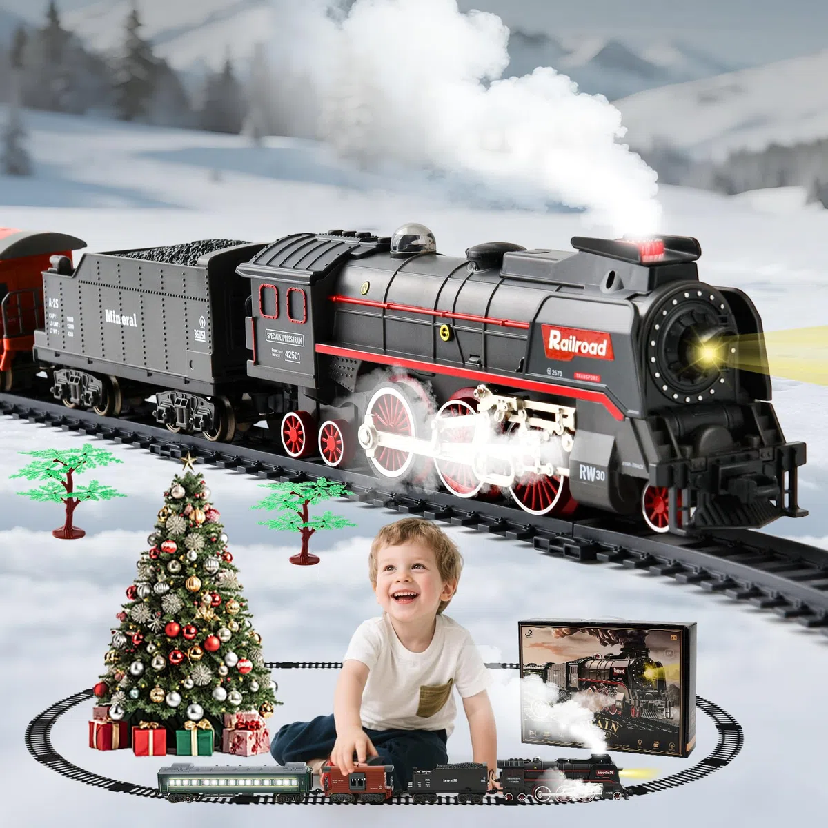 Train Electrique Enfant, Train de Noël Electrique avec Fumée Magique et Son Réaliste, Jouet Train électrique à Vapeur, pour Enfants 3-12 Ans