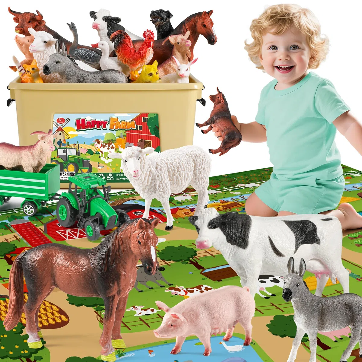 FRUSE Animaux de la Ferme avec Grand Tapis de Jeu 120 x 80 cm, 38 pièces Jouets Tracteur Enfant, Jouets Éducatifs pour Enfant 3 4 5 Ans