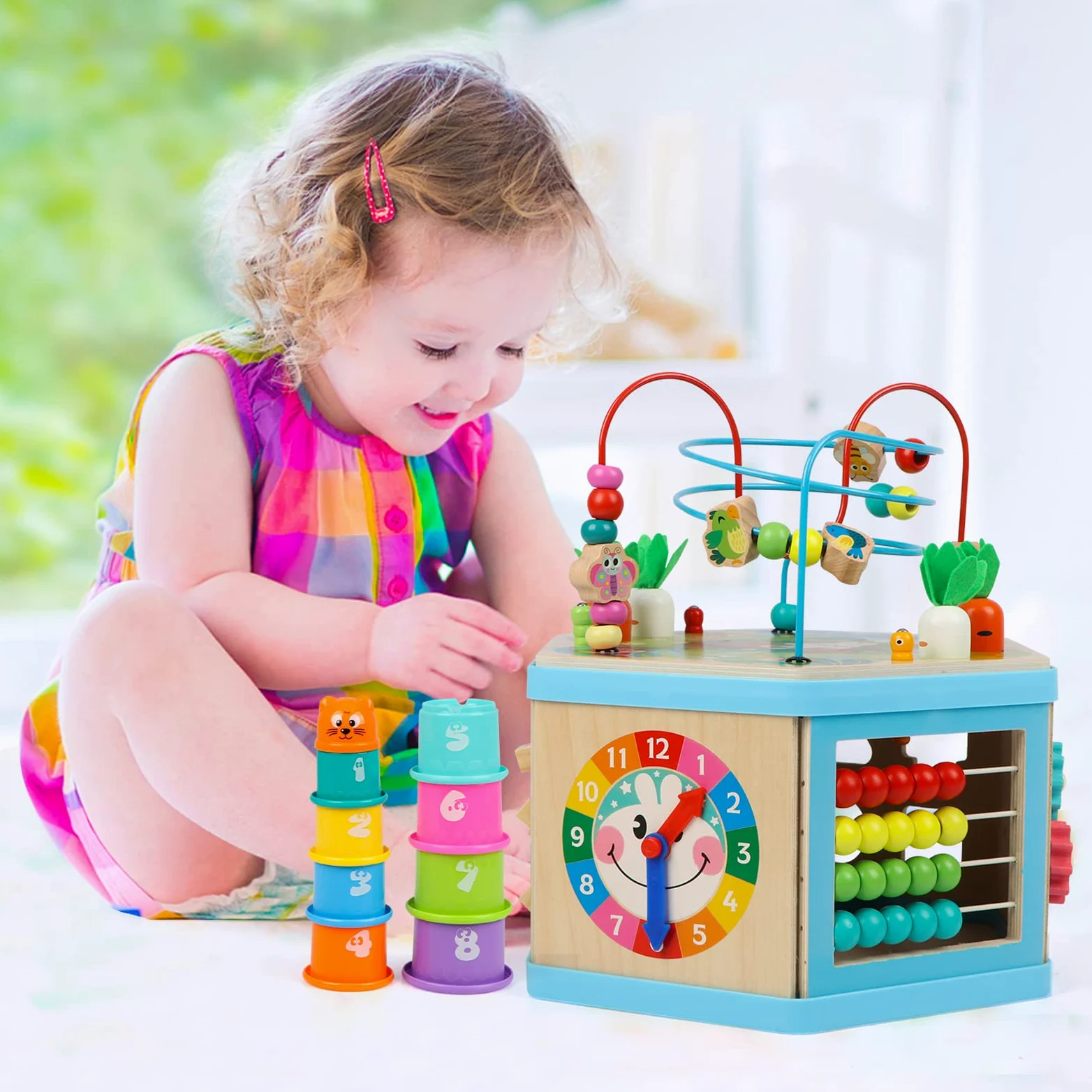 Jacootoys Cube d'Activité en Bois 7-en-1 Centre éducatif Labyrinthe de Perles Jouet de Triage pour Enfants