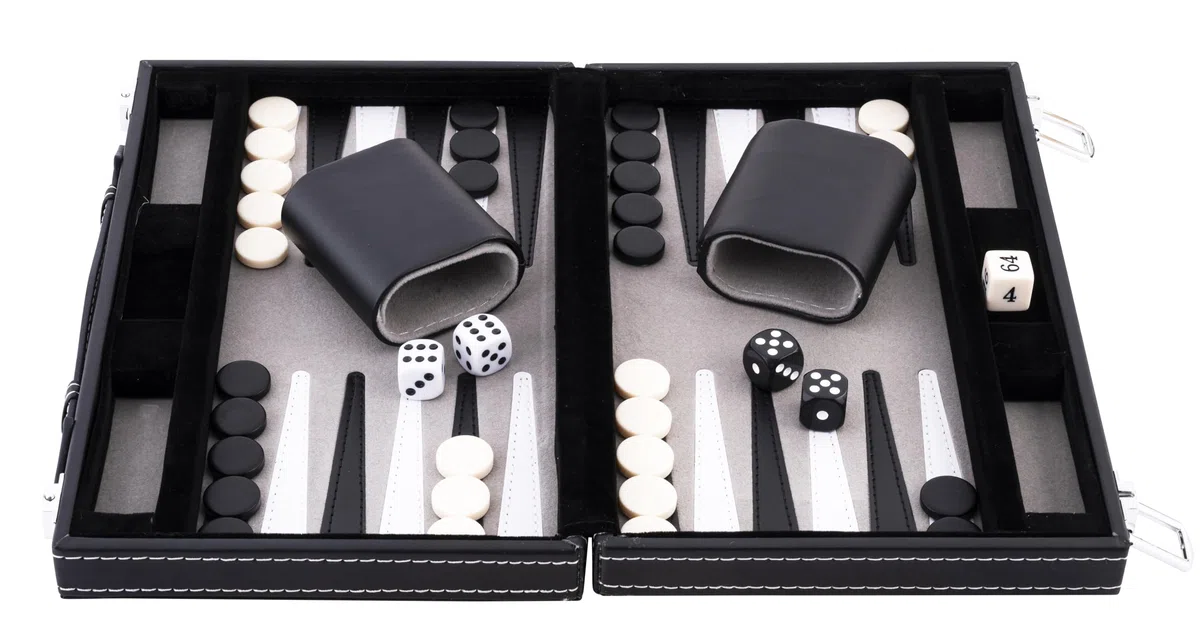 Engelhart - 250512 - Backgammon de Voyage - 11 Pouces - 28 cm - Jeu de Voyage - Simili Cuir & Feutre Surpiqués - Gris - Jeu de Societe de Poche - Stratégie