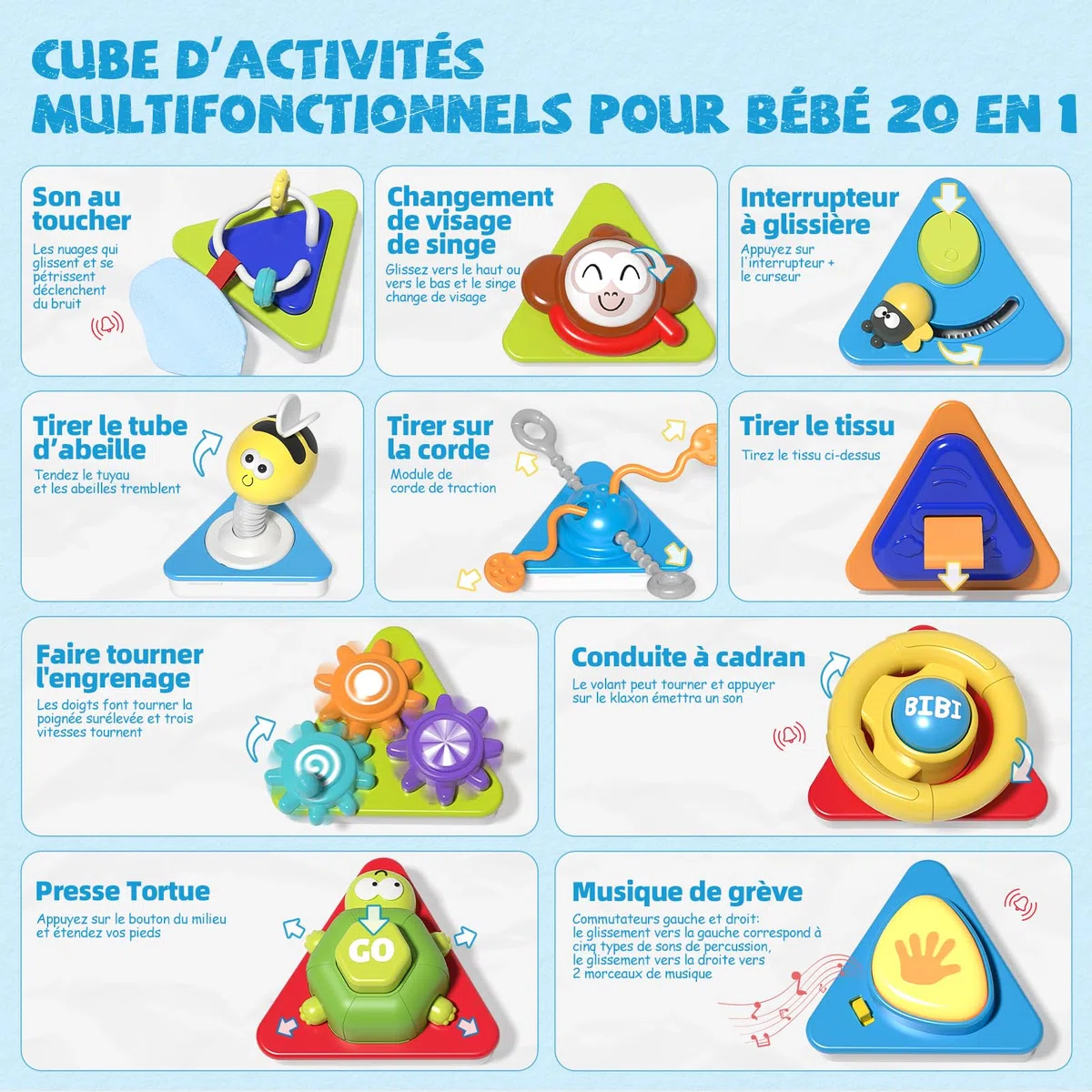 Jouet Cube d'Activité 20 en 1 Montessori Sensoriel de Voyage pour Enfants 1-3 Ans