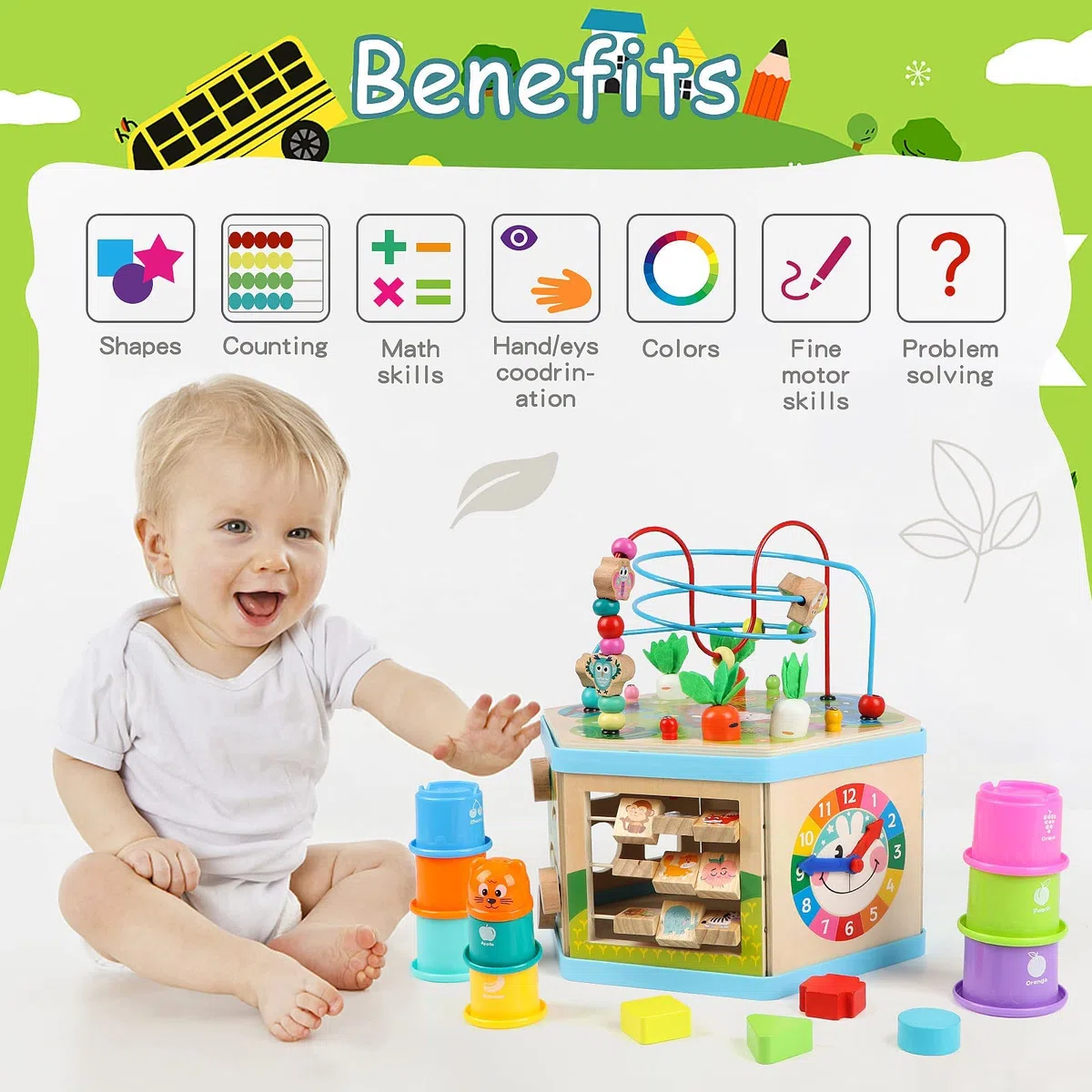 Jacootoys Cube d'Activité en Bois 7-en-1 Centre éducatif Labyrinthe de Perles Jouet de Triage pour Enfants