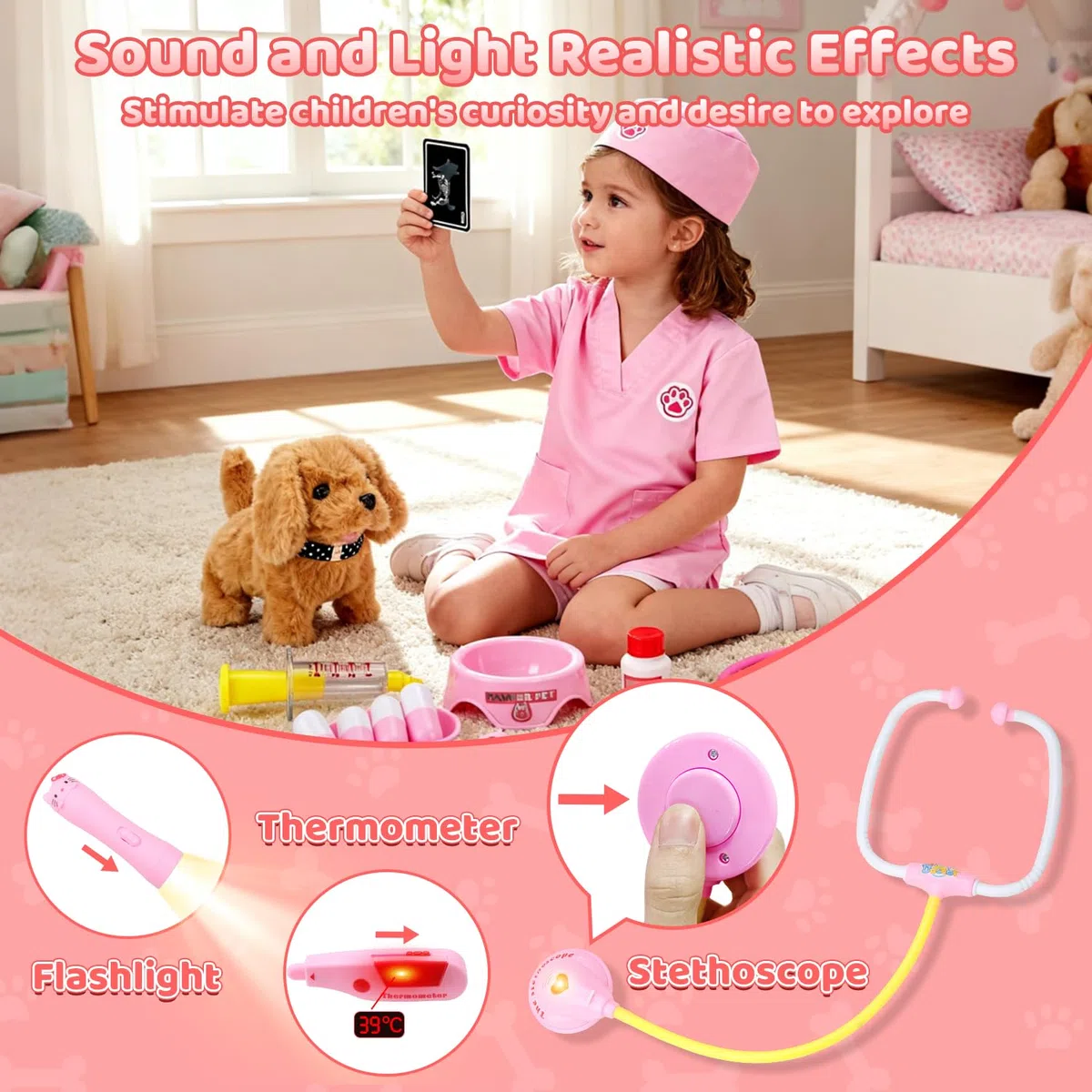 UBeesize Ensemble de 31 pièces - Mallette de médecin pour enfants avec chien électrique jouet qui marche et aboie, chien interactif avec véritable stéthoscope, thermomètre pour jouet de vétérinaire