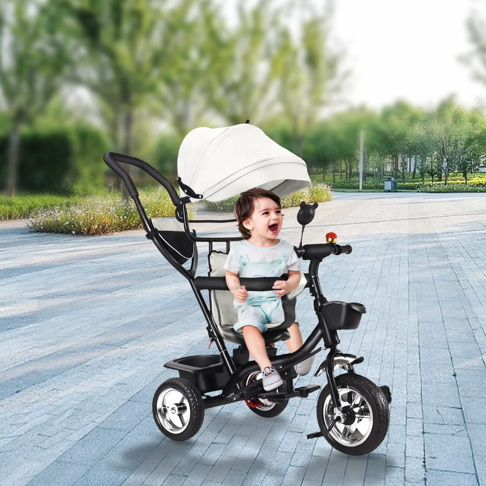 Tricycle Bébé Évolutif, Draisienne Évolutif pour Enfants avec Barre à Pousser, Velo Poussette Bebe, Velo Enfant avec Pare-Soleil (Gris)