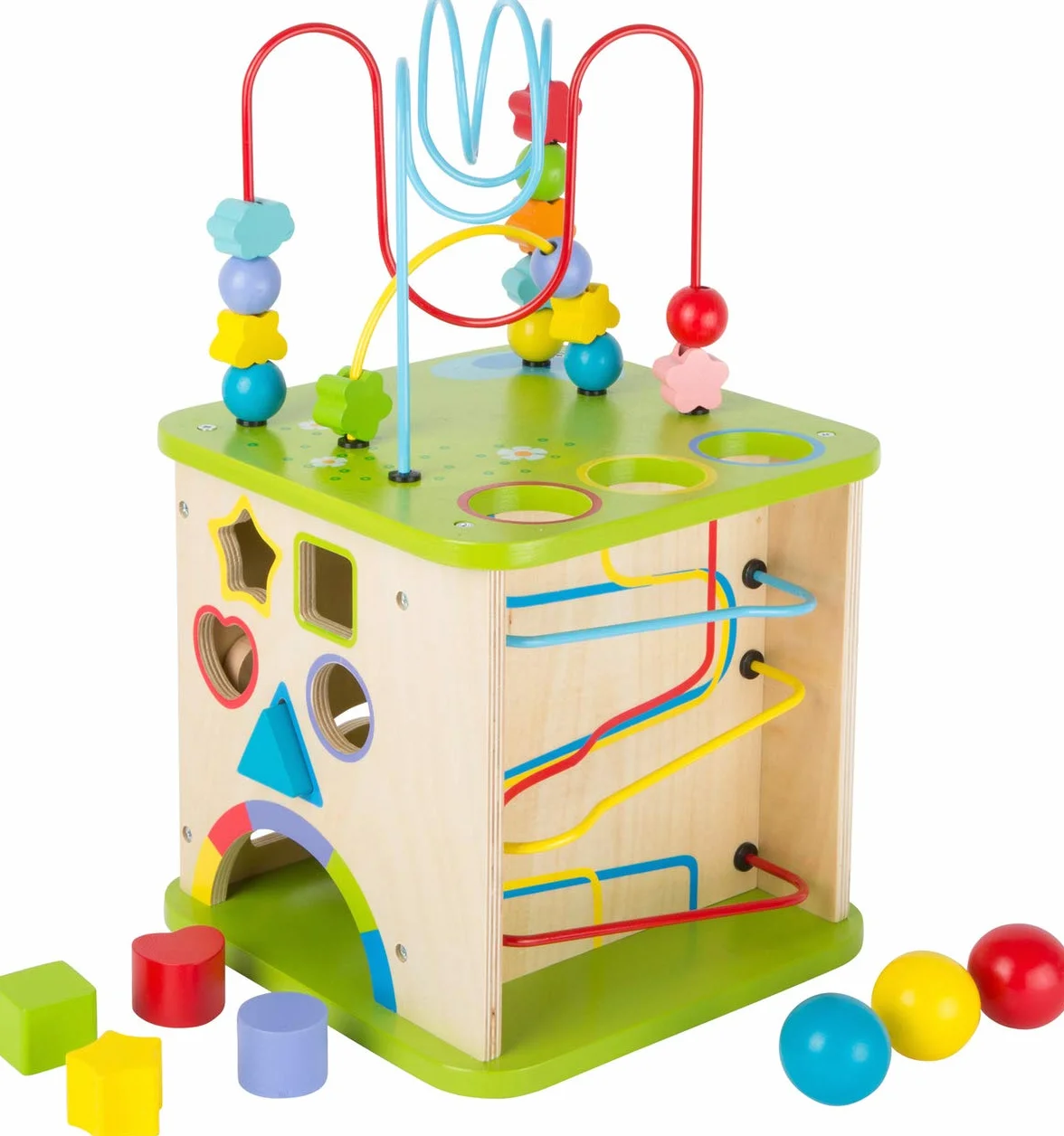 small foot Cube de motricité en bois solide avec cinq faces amusantes, circuits de motricité et circuit à boules inclus, 10 x 10 x 17