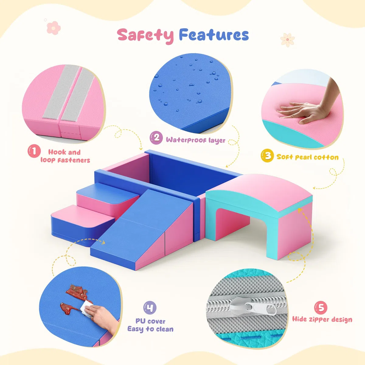 Lot de 6 Blocs de Construction en Mousse pour Enfants avec Piscine à balles et Tunnel, Blocs de Construction Souples comme Cadre d'escalade d'intérieur pour Les Tout-Petits, Rose et Bleu