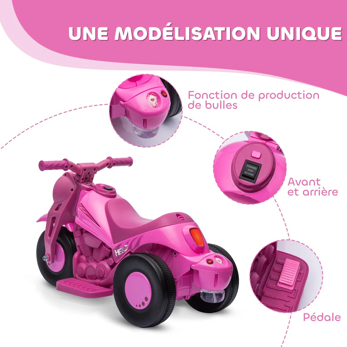 AIYAPLAY Moto électrique Enfants, 3 Roues, 6 V, 3 km/h, Voiture électrique Enfants avec Fonction de Bulles, Effets Lumineux et sonores, 2 à 5 Ans, Charge Max. 30 kg, Rose