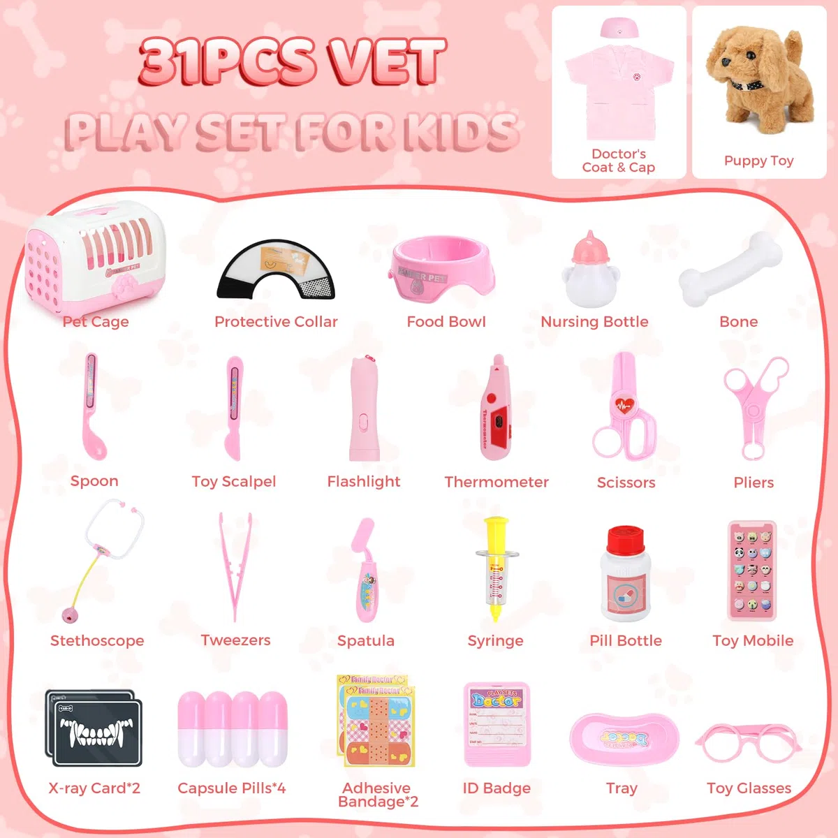 UBeesize Ensemble de 31 pièces - Mallette de médecin pour enfants avec chien électrique jouet qui marche et aboie, chien interactif avec véritable stéthoscope, thermomètre pour jouet de vétérinaire